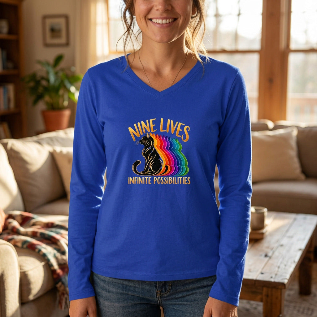 Nine Lives, Infinite Possibilities Women's Long Sleeve V-Neck T-Shirt | Colorful Cat Art
