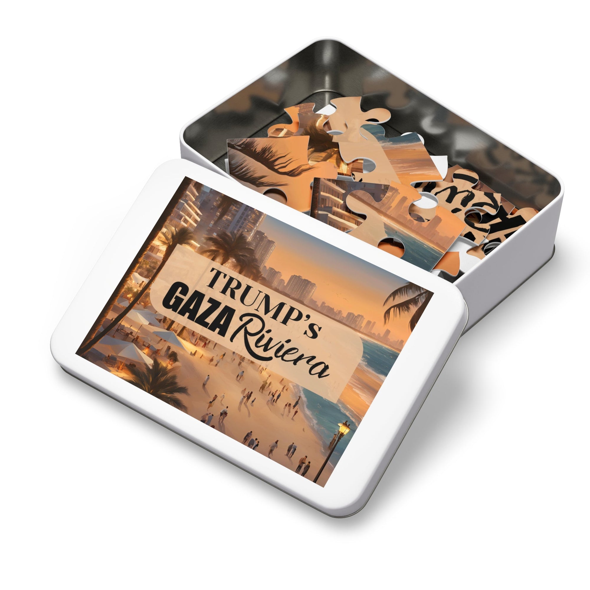 Trump's Gaza Riviera Jigsaw Puzzle with Tin Printify