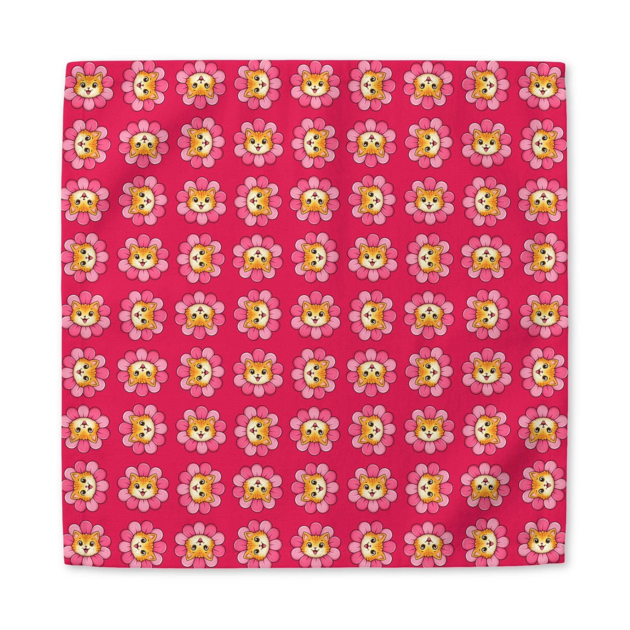 Kitty Bloom Cotton Twill Napkin | Pink Floral Cat Table Linen