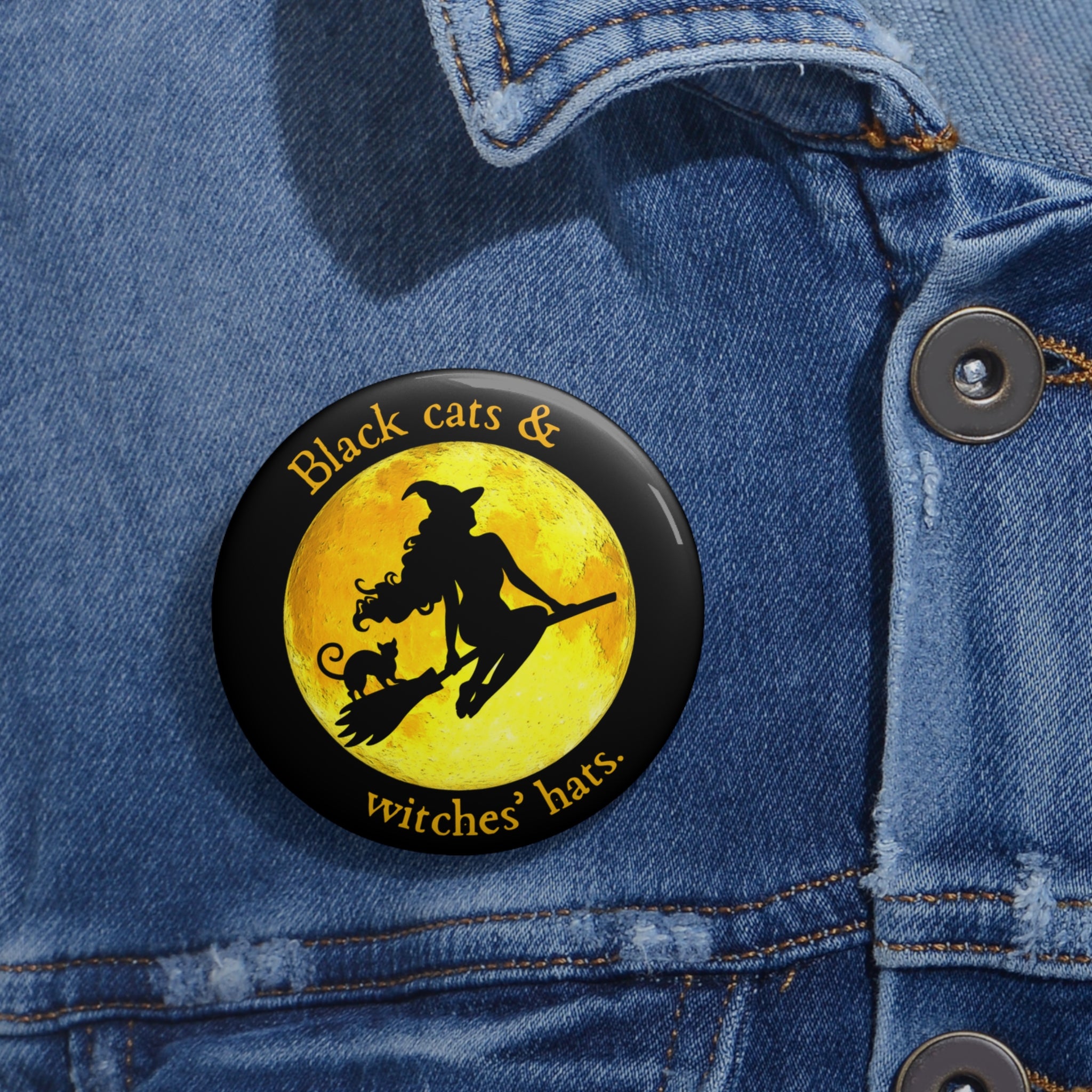 Photo depicting the ​Black Cats & Witches' Hats Pin Buttons from EpiAl's Shop.