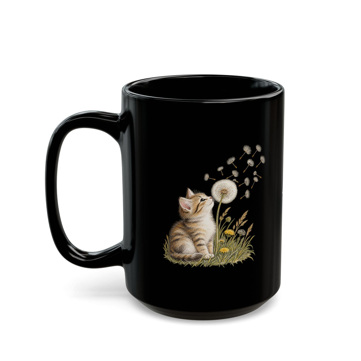 Kitten & Dandelion Black Ceramic Mug | Cat Lover Coffee Cup | 11oz & 15oz