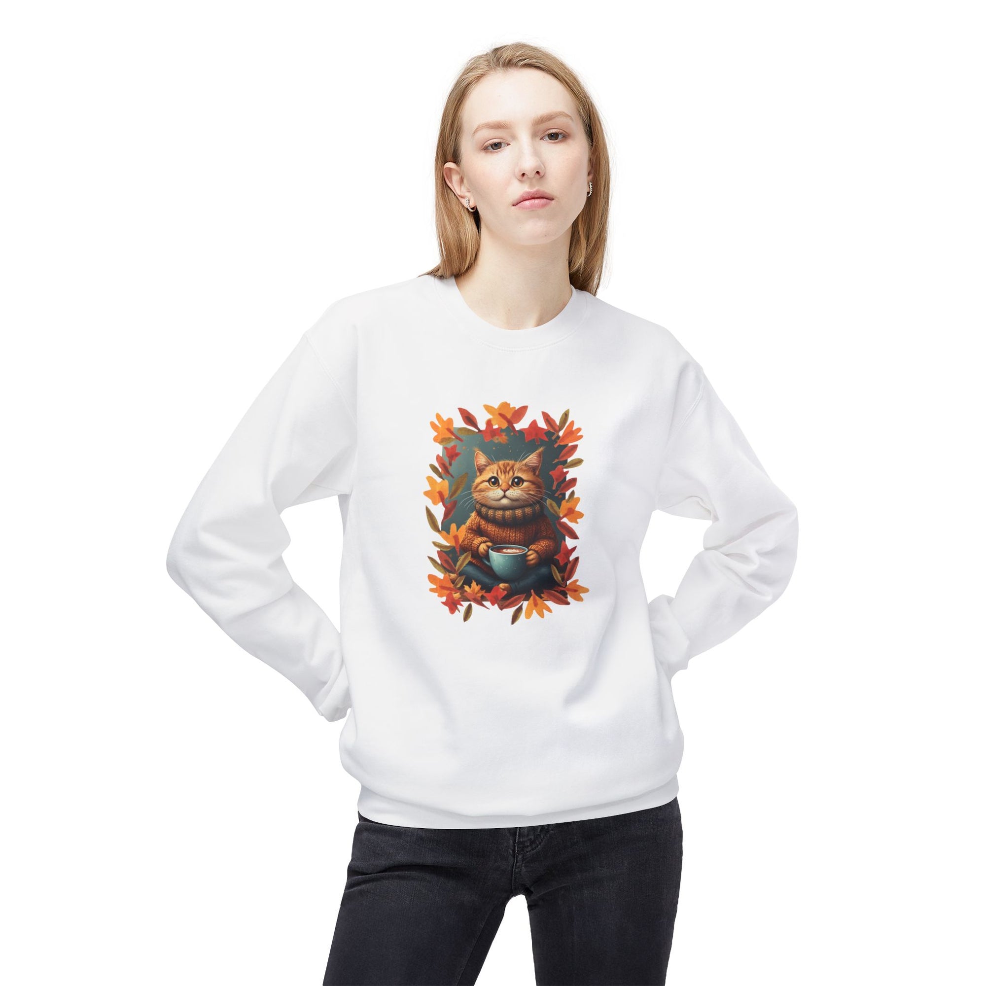 Whimsical Fall Fleece Kitty Sweatshirt, Cozy Autumn Apparel