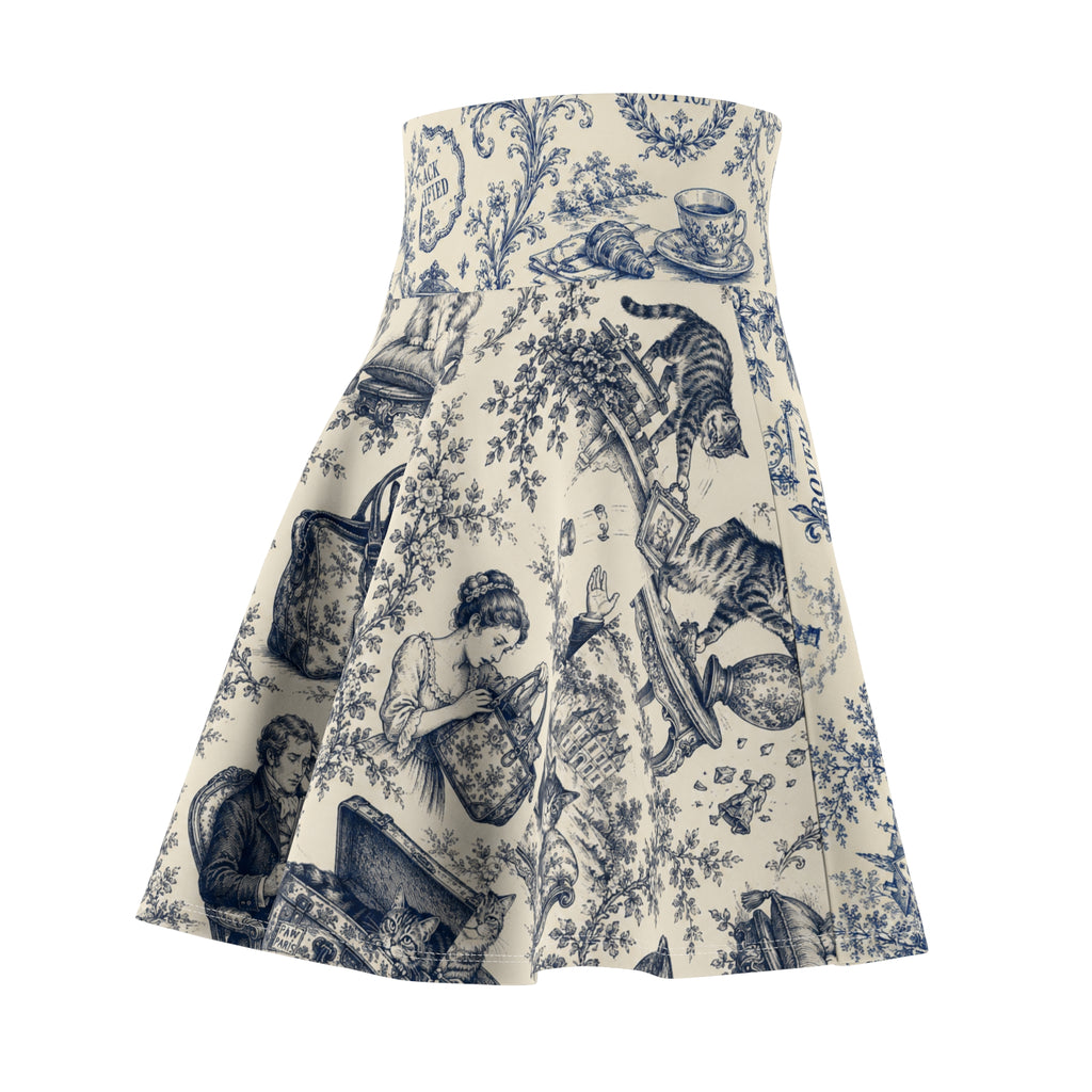 Vintage Office Toile Skater Skirt – Blue and Ivory High-Waisted Flared Skirt