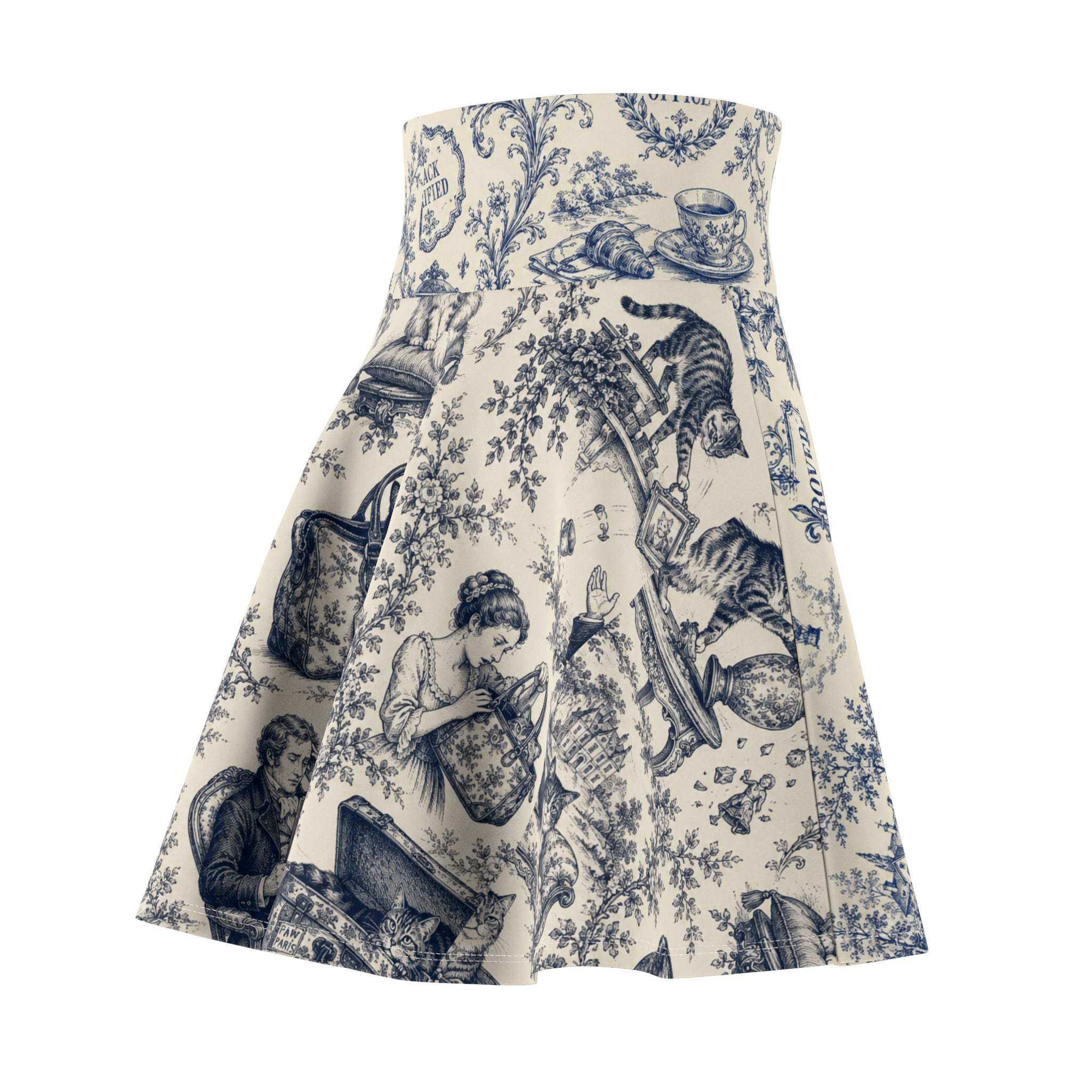 Vintage Office Toile Skater Skirt – Blue and Ivory High-Waisted Flared Skirt