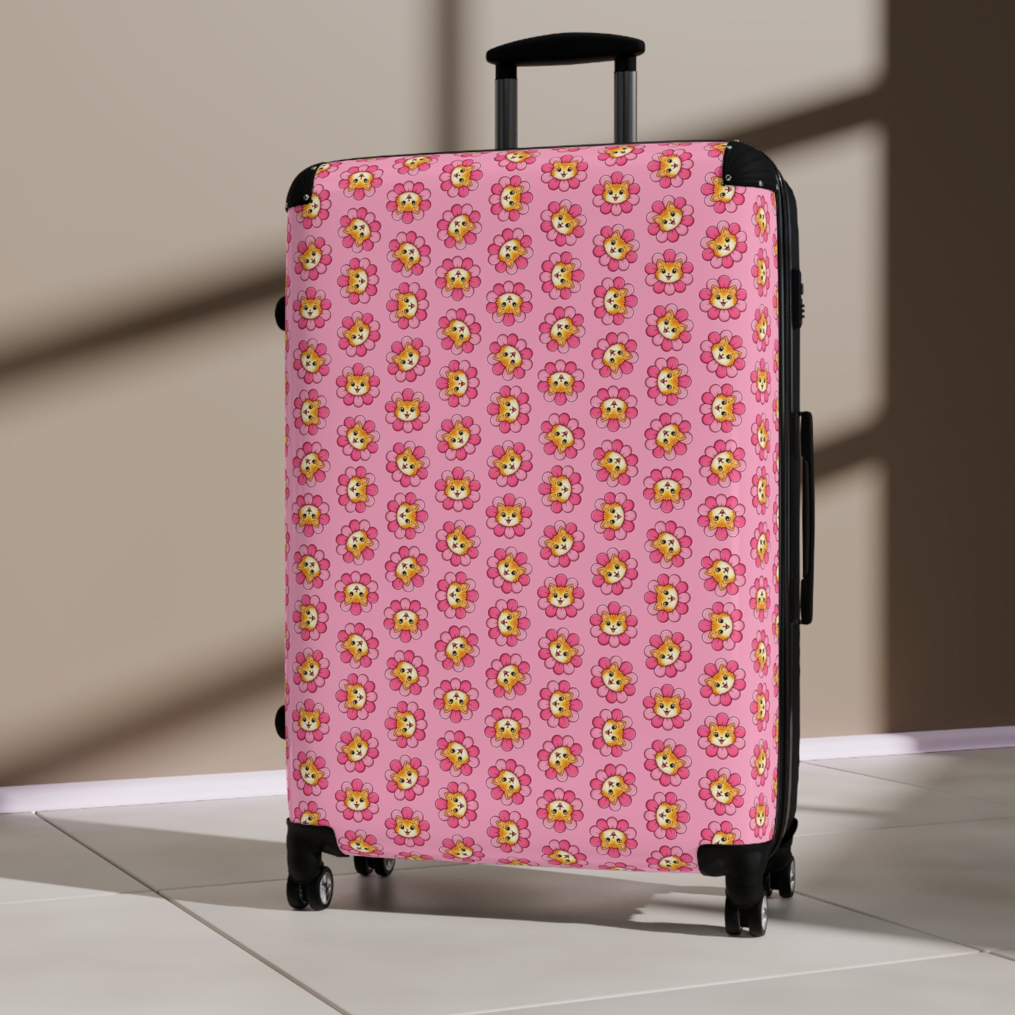 Pink Cat Flower Suitcase | Cute Chaos Travel Luggage