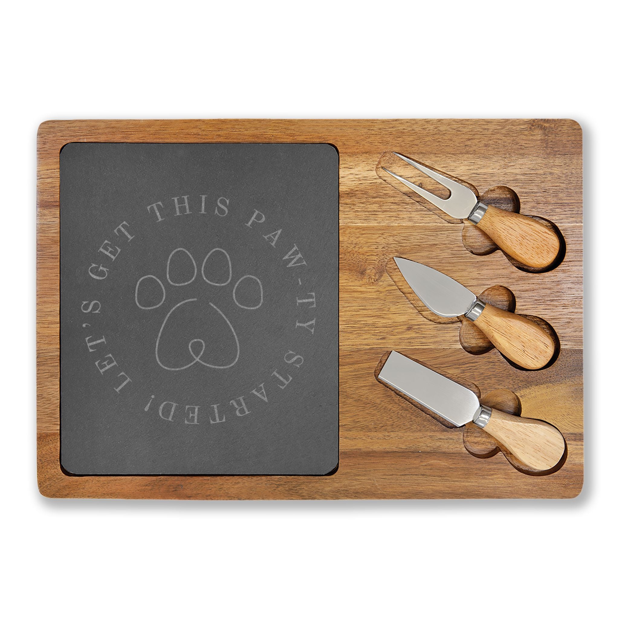 Get this Paw-ty Started Engraved Charcuterie Board