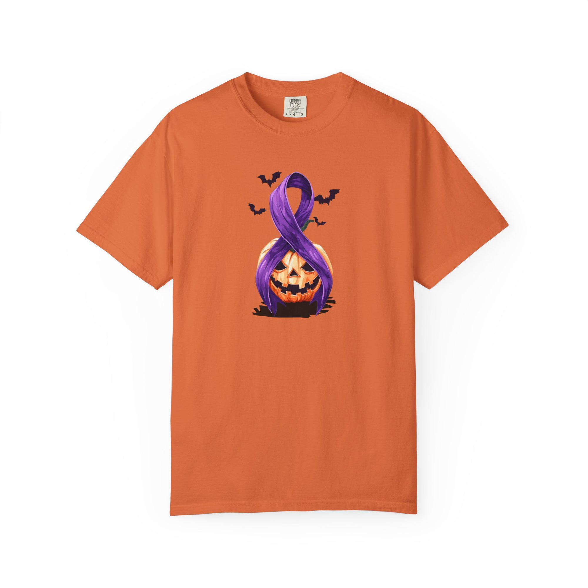 Halloween Pumpkin Unisex T-Shirt with Purple Ribbon Design