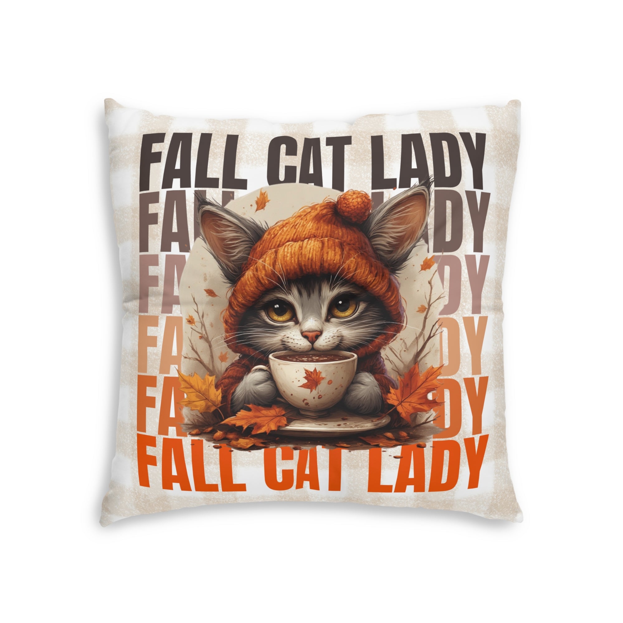 Fall Cat Lady Tufted Floor Pillow, Cozy Home Decor