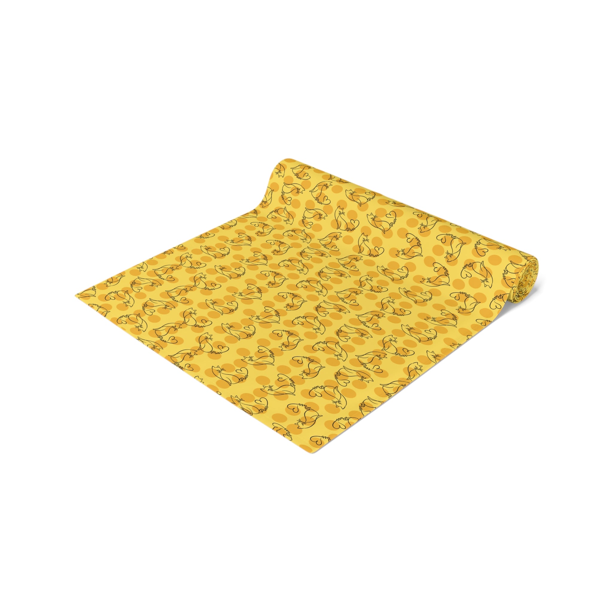 Golden Purr Cat Table Runner – Minimalist Line Art Polka Dot Design