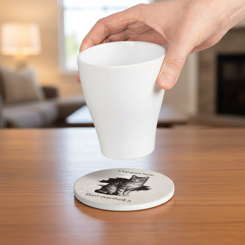 “Cup Goes Here” Cat Coaster – Vintage Sketch Ceramic Coaster with Cork Backing | Funny Minimalist Cat Decor