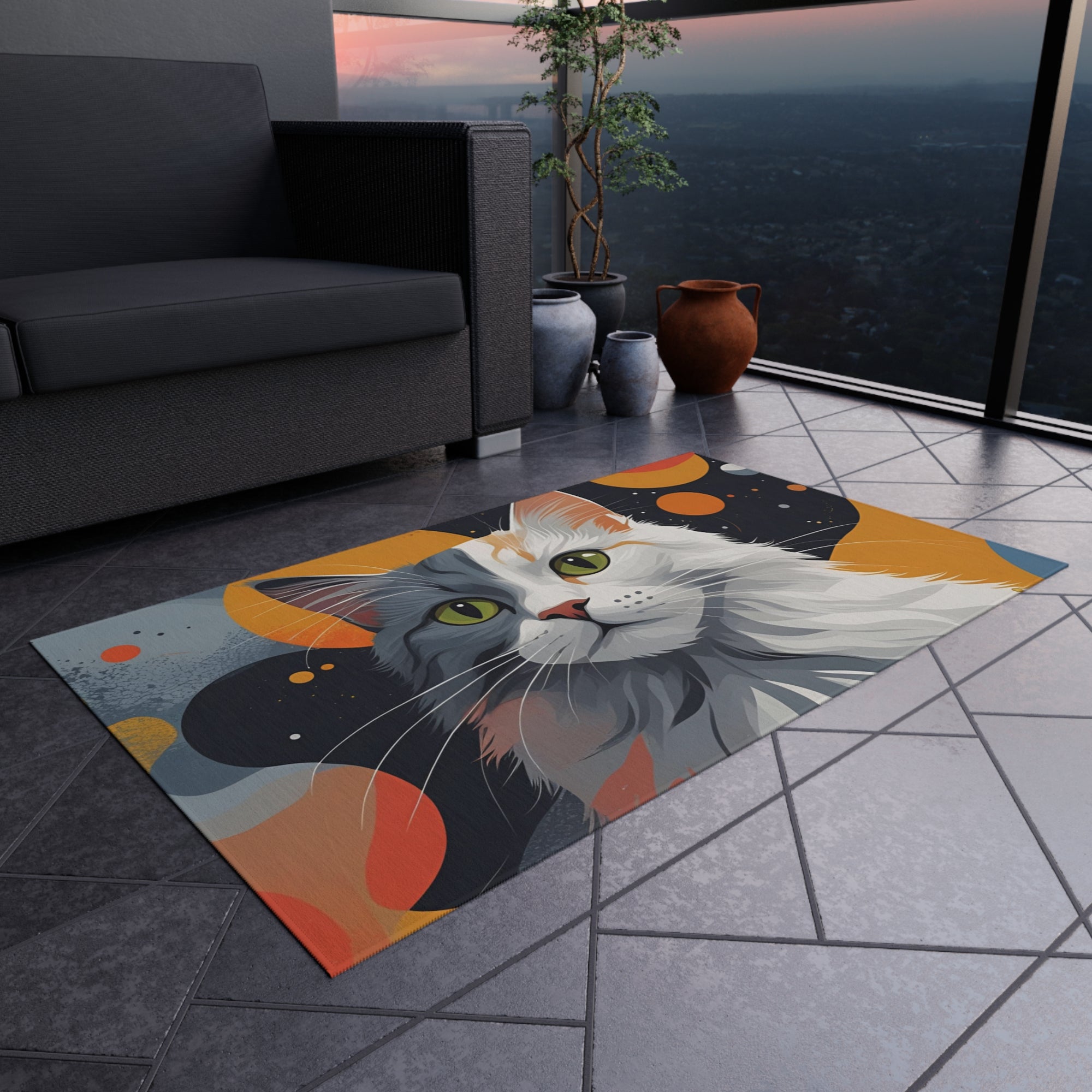 Colorful Cat-Themed Outdoor Rug, Cozy Patio Decor