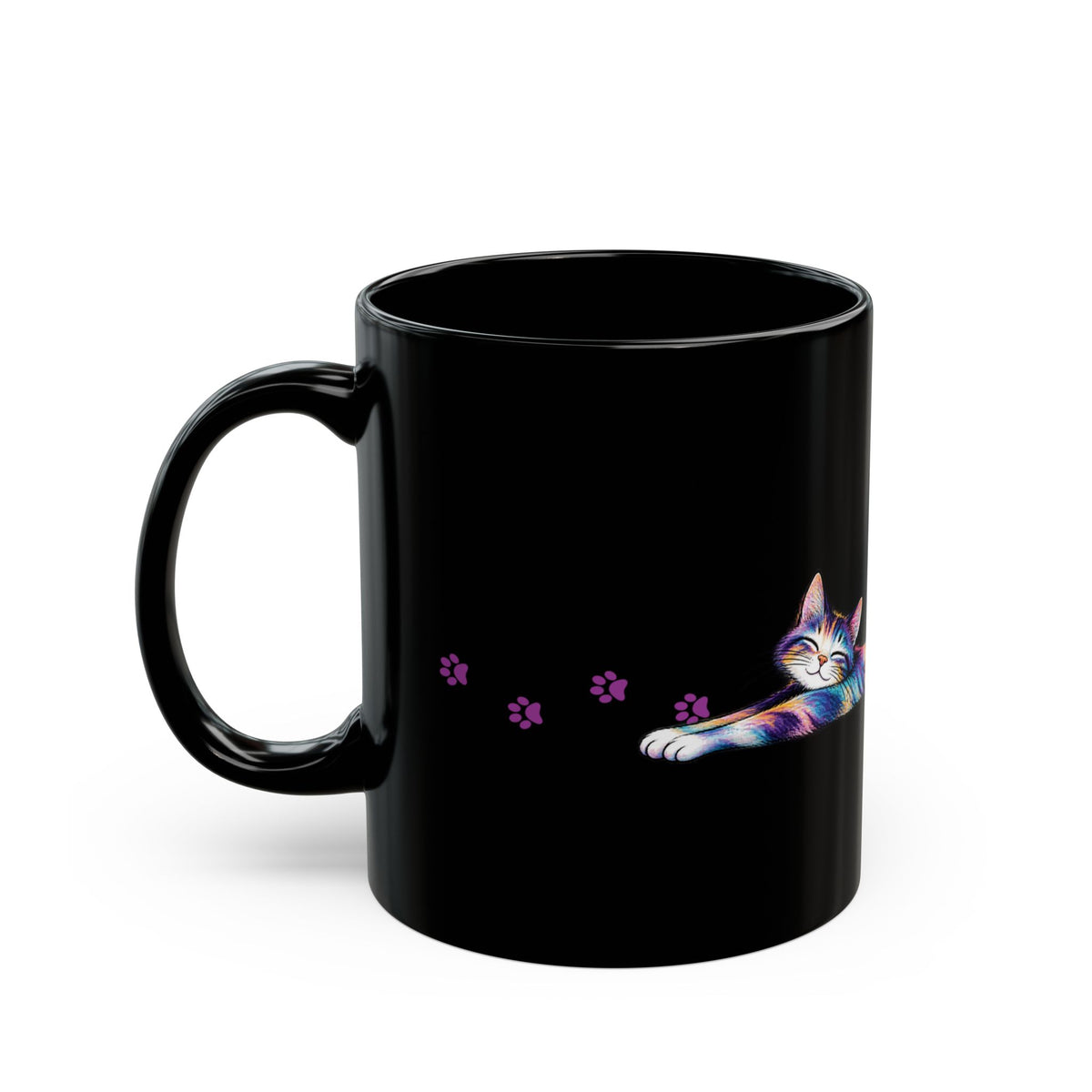 Colorful Stretching Cat Black Ceramic Mug | Whimsical Cat Lover Gift (11oz/15oz)