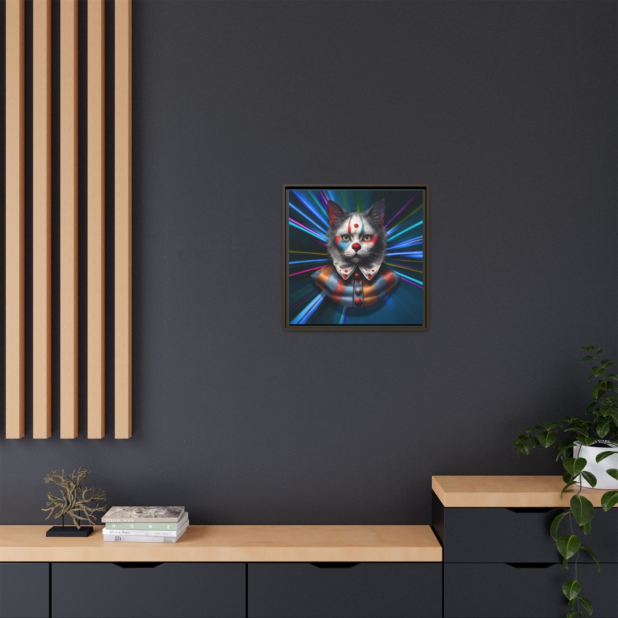 Colorful Cat Clown Framed Canvas Art – Quirky Home Decor for Pet Lovers