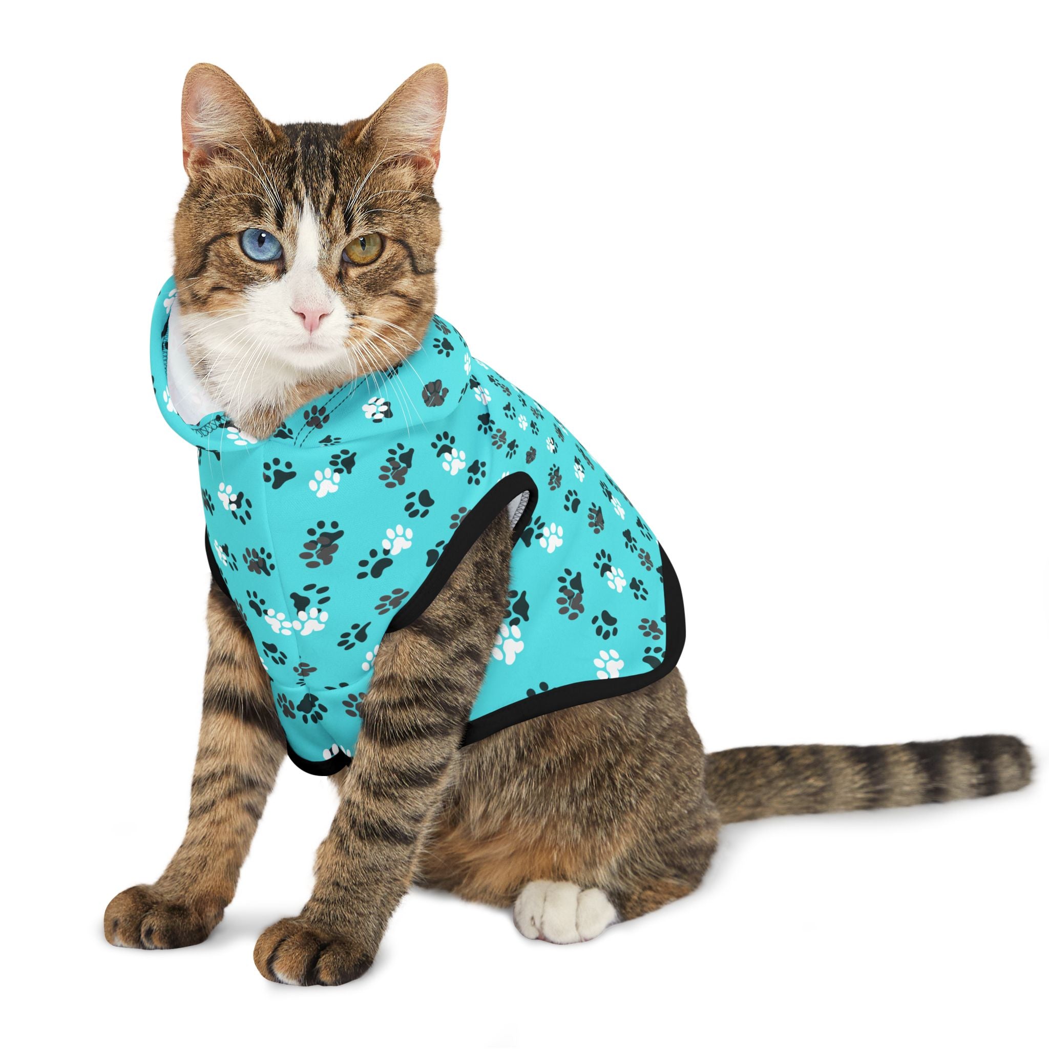 Photo depicting the ​Teal Paw Prints Pet Hoodie from EpiAl's Shop.