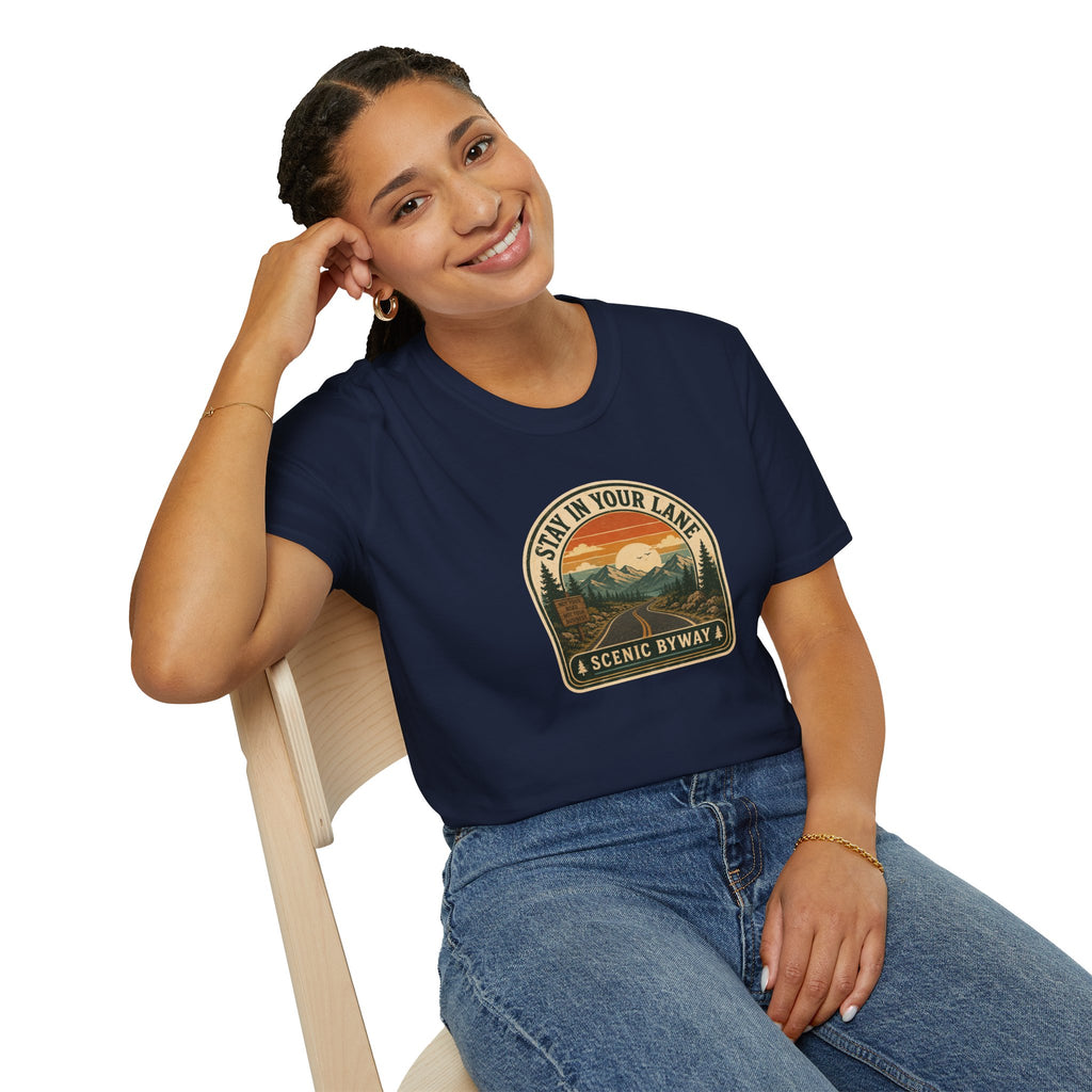 Stay in Your Lane Scenic Byway Unisex T-Shirt | Retro Road Trip Graphic Tee