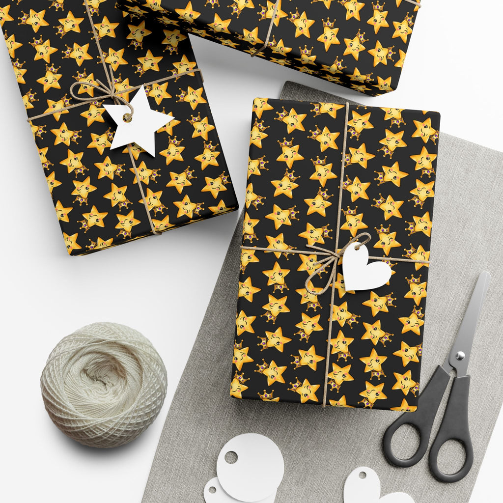 Main Character Crowned Star Wrapping Paper | Cute Black & Gold Gift Wrap