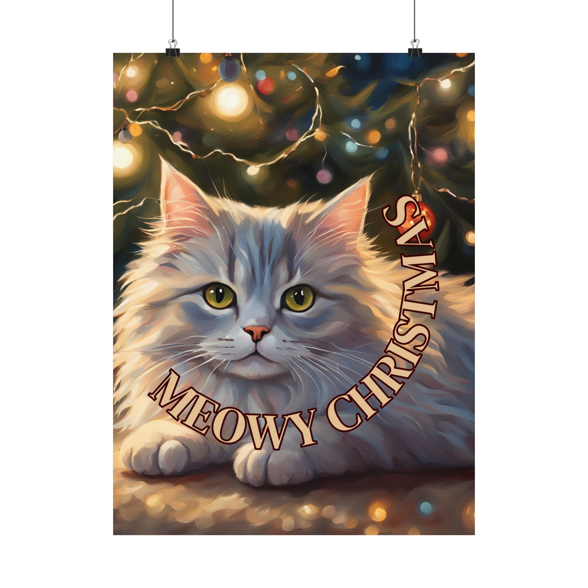 Photo depicting the ​White Meowy Christmas Kitty Matte Vertical Posters from EpiAl's Shop.