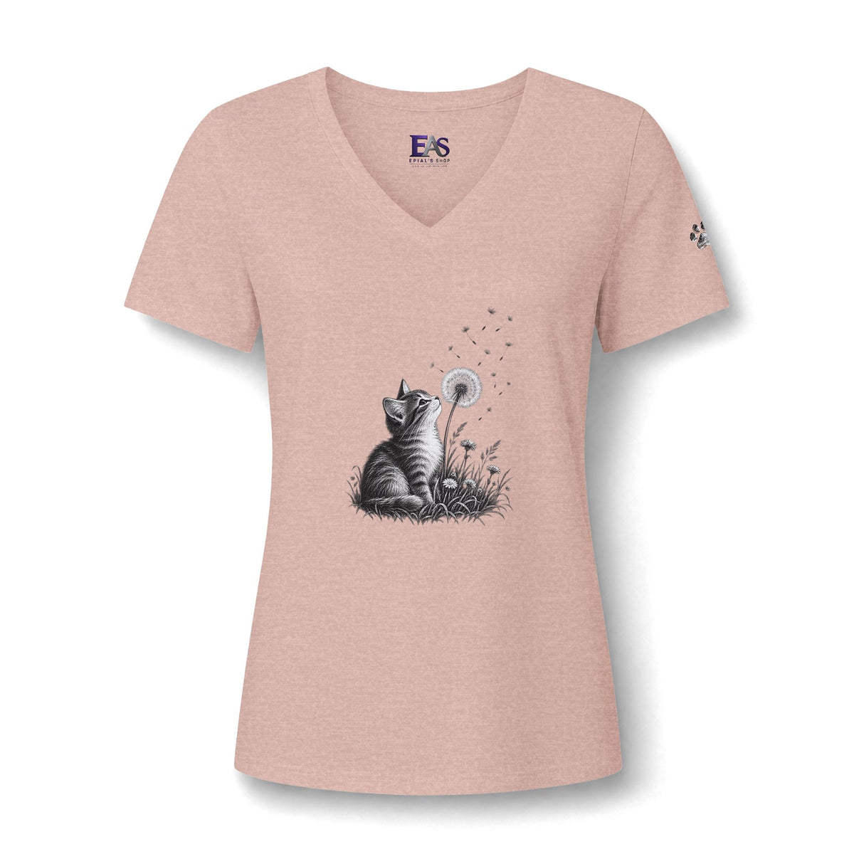 Kitten & Dandelion Women's Relaxed V-Neck T-Shirt | Cat Lover Floral Tee
