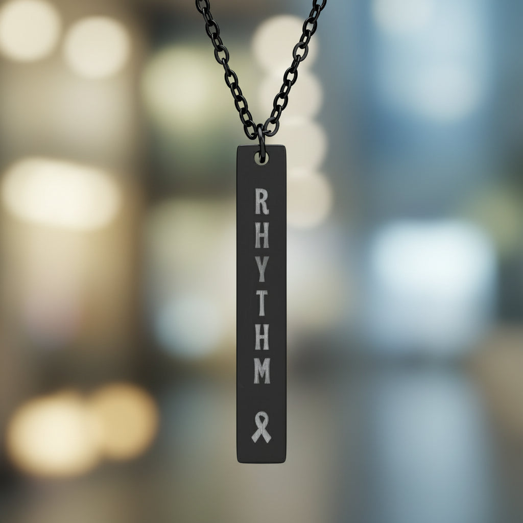 “RHYTHM” Vertical Bar Necklace — Epilepsy Awareness Engraved Pendant