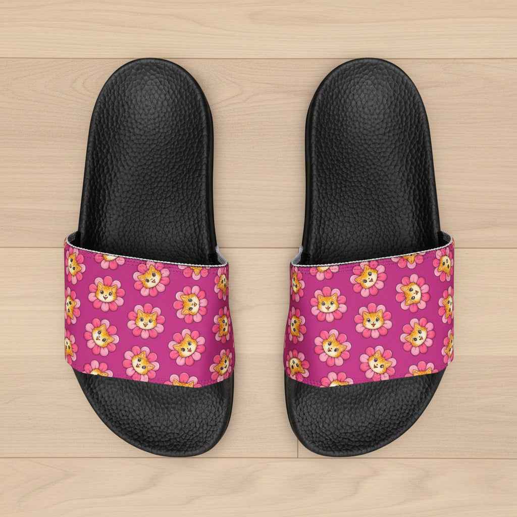 Flower Cat Slide Sandals – Pink Paw Bloom Slides with Interchangeable Straps