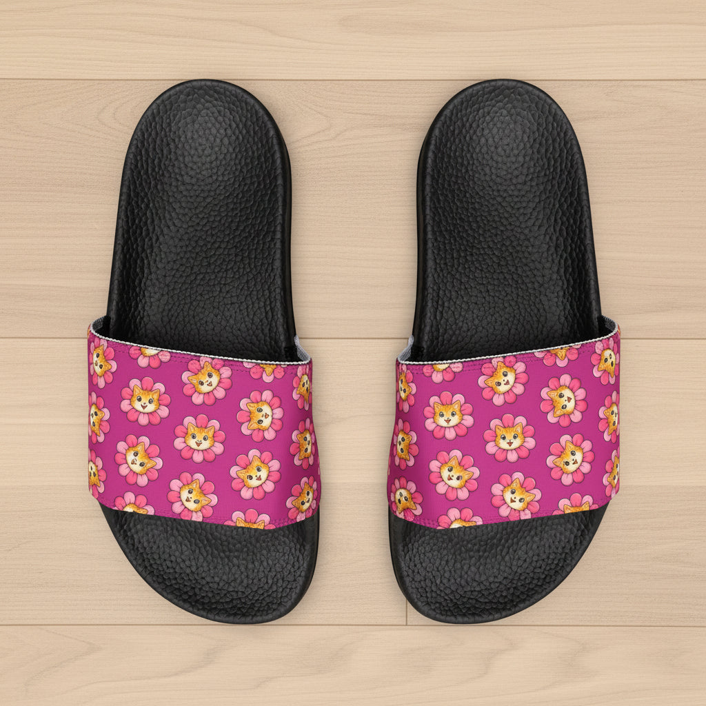 Flower Cat Slide Sandals – Pink Paw Bloom Slides with Interchangeable Straps