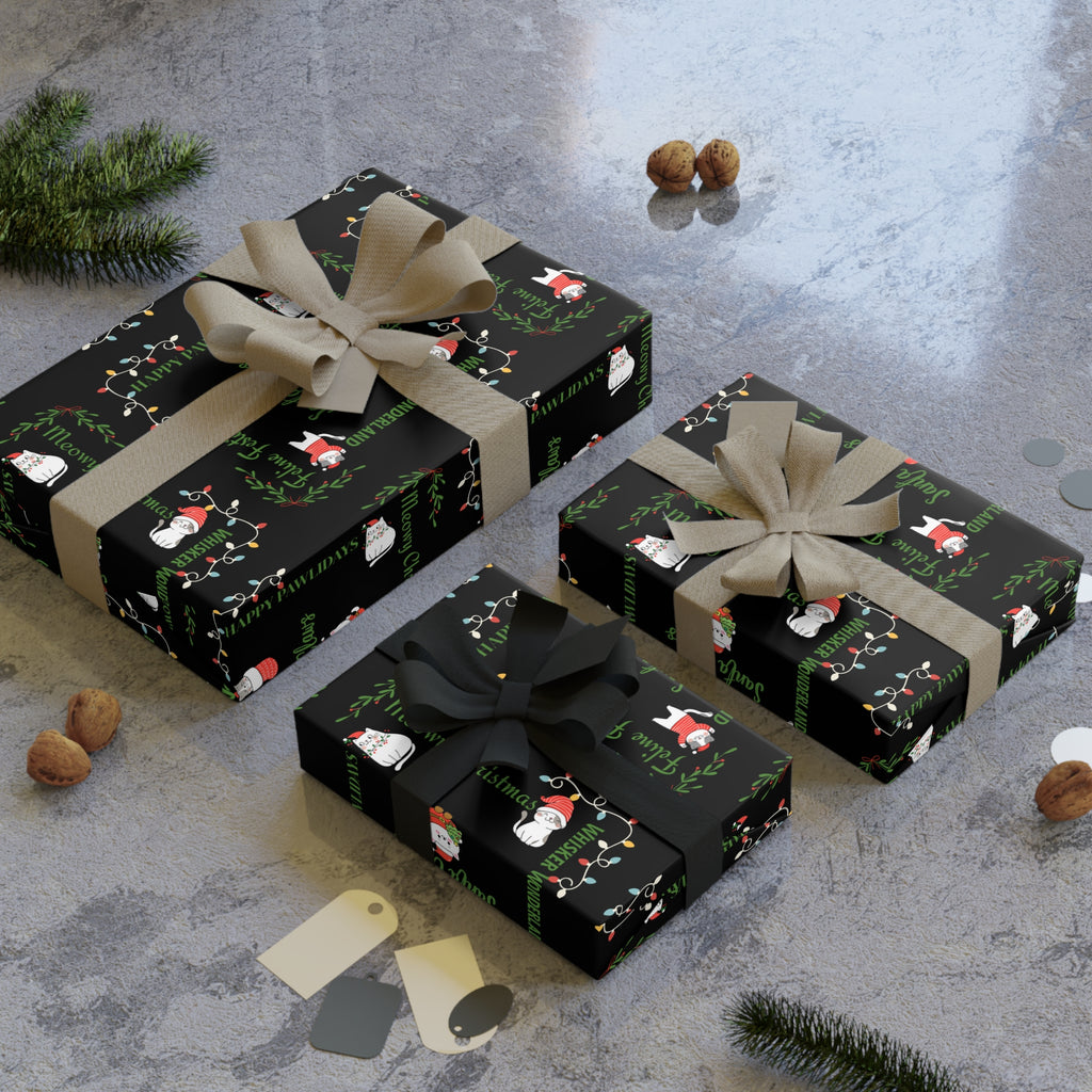 Cat Pun Christmas Gift Wrapping Paper Roll, Sleek Black Design