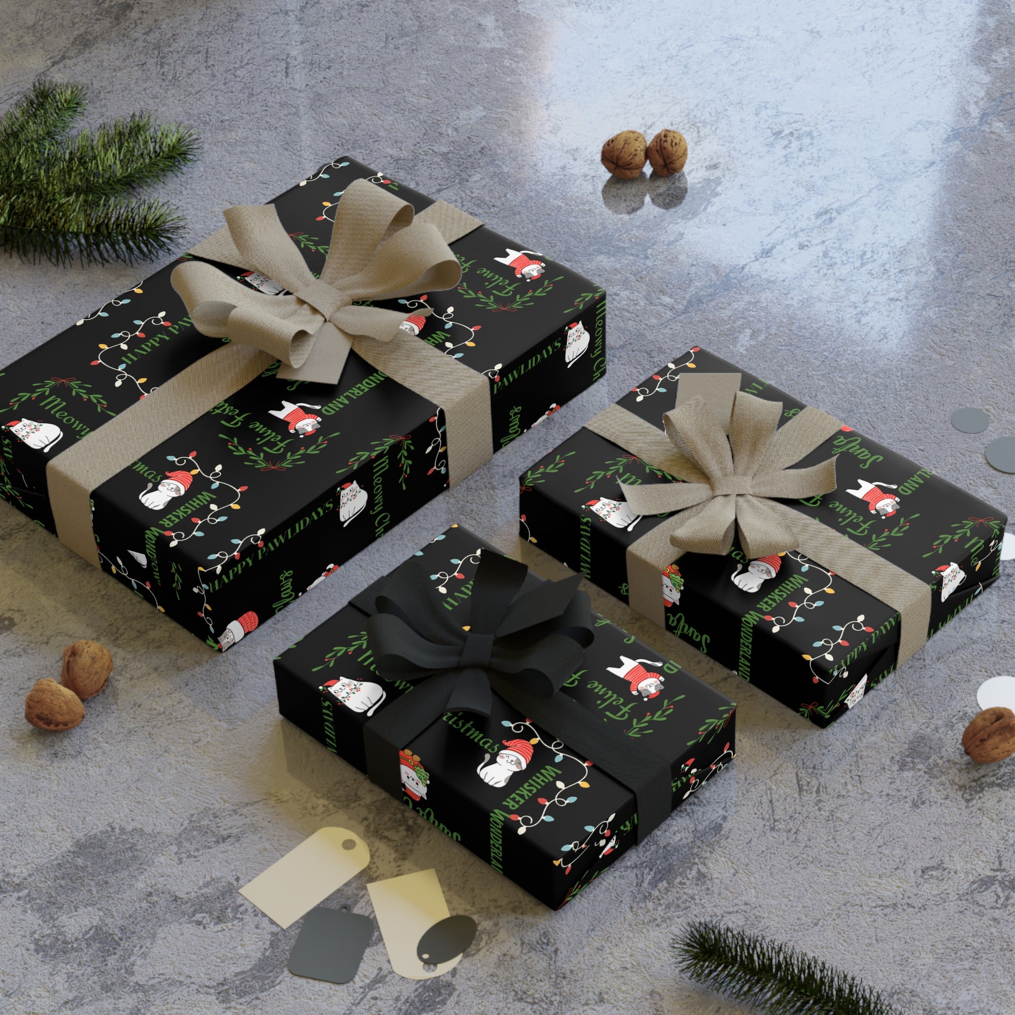 Cat Pun Christmas Gift Wrapping Paper Roll, Sleek Black Design