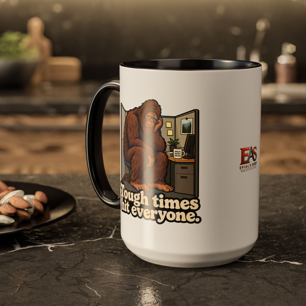 Tough Times Hit Everyone Bigfoot Office Humor Accent Coffee Mug (11oz/15oz)