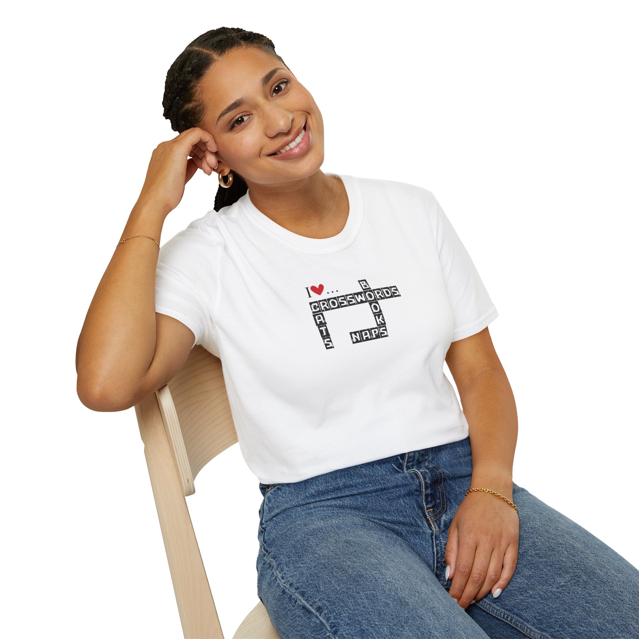 Photo depicting the ​Crosswords and Cats Unisex Softstyle T-Shirt from EpiAl's Shop.