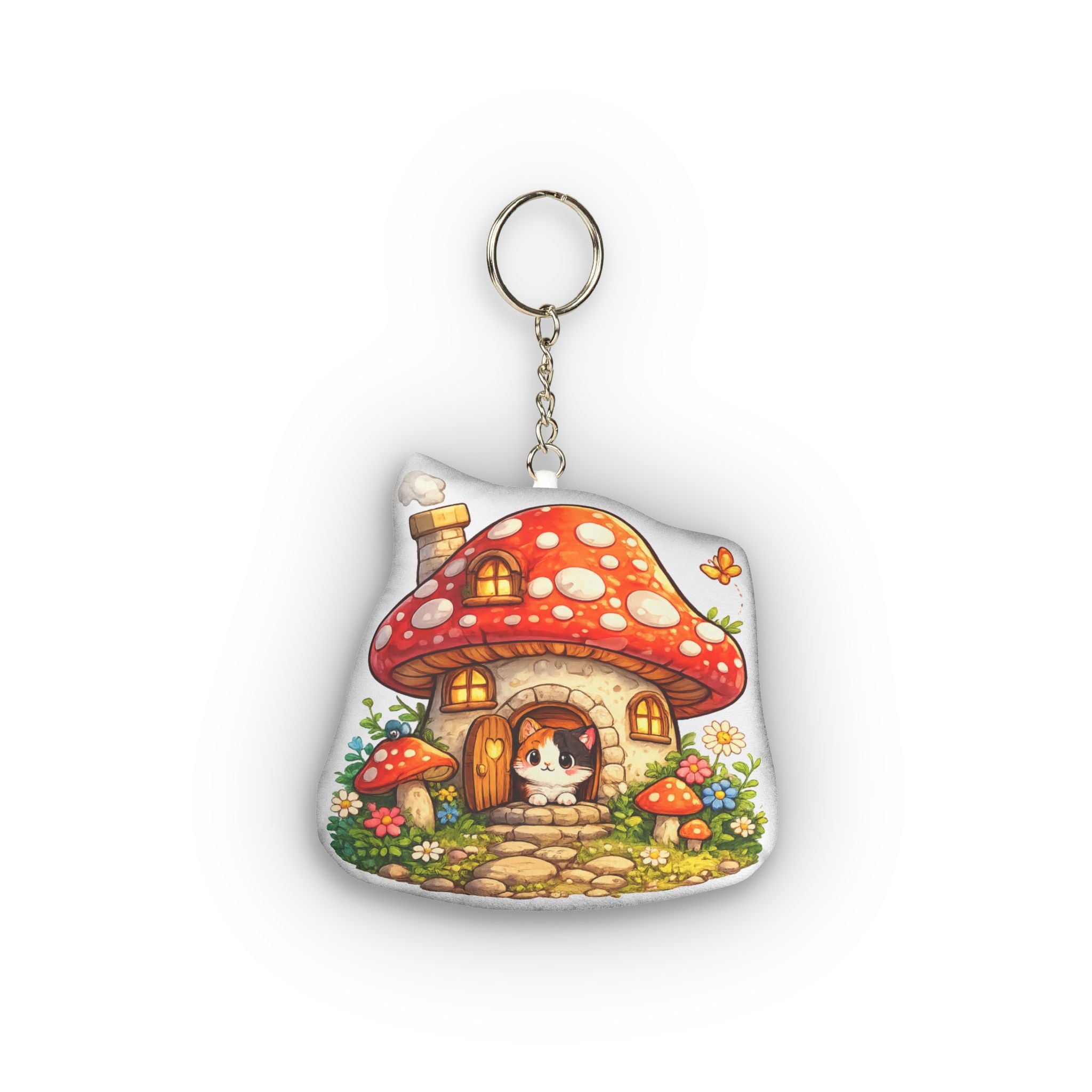 Whimsical Mushroom Cottage Plush Keychain | Cottagecore Cat Charm