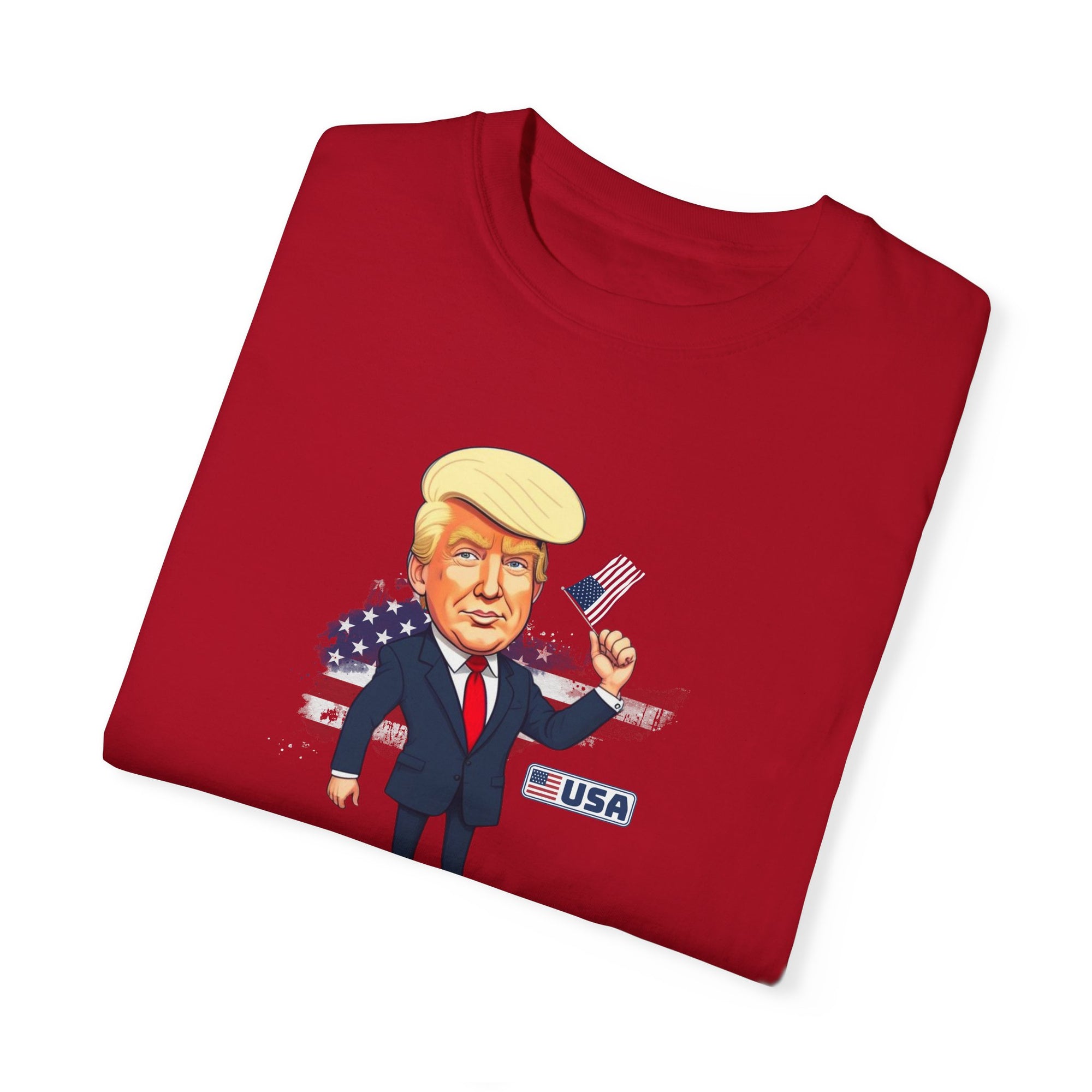 Patriotic Cartoon T-Shirt - Unisex Garment-Dyed Tee with Trump Design