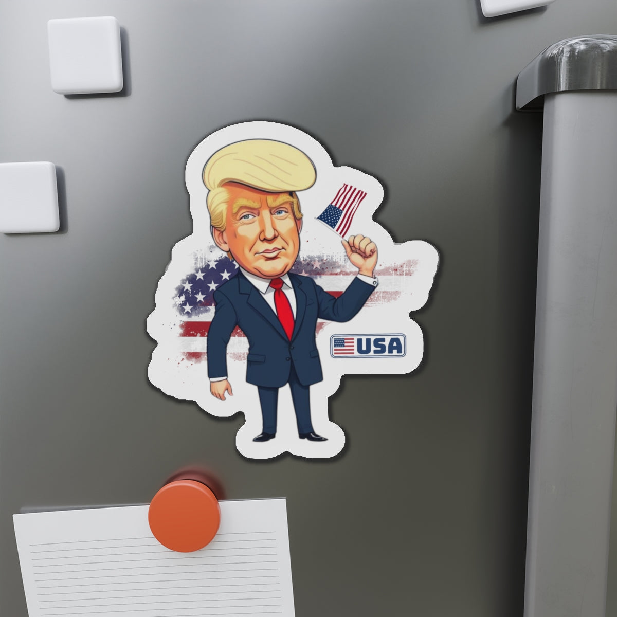 Patriotic Die-Cut Magnet - Trump with USA Flag Design