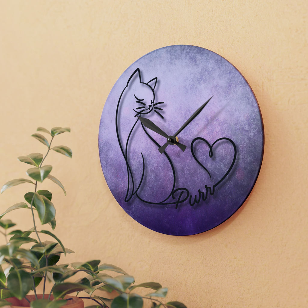 Purr Cat Heart Acrylic Wall Clock – Minimalist Cat Lover Decor