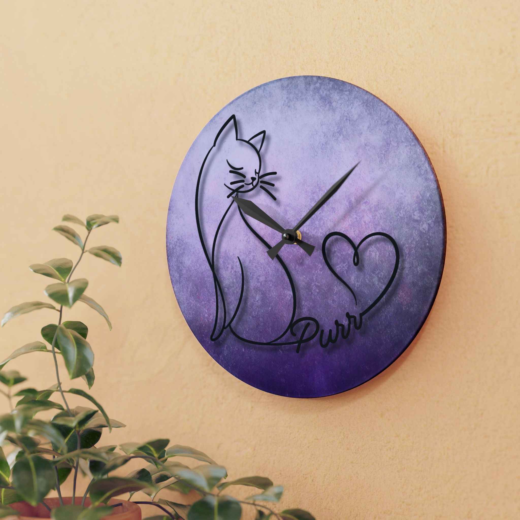 Purr Cat Heart Acrylic Wall Clock – Minimalist Cat Lover Decor