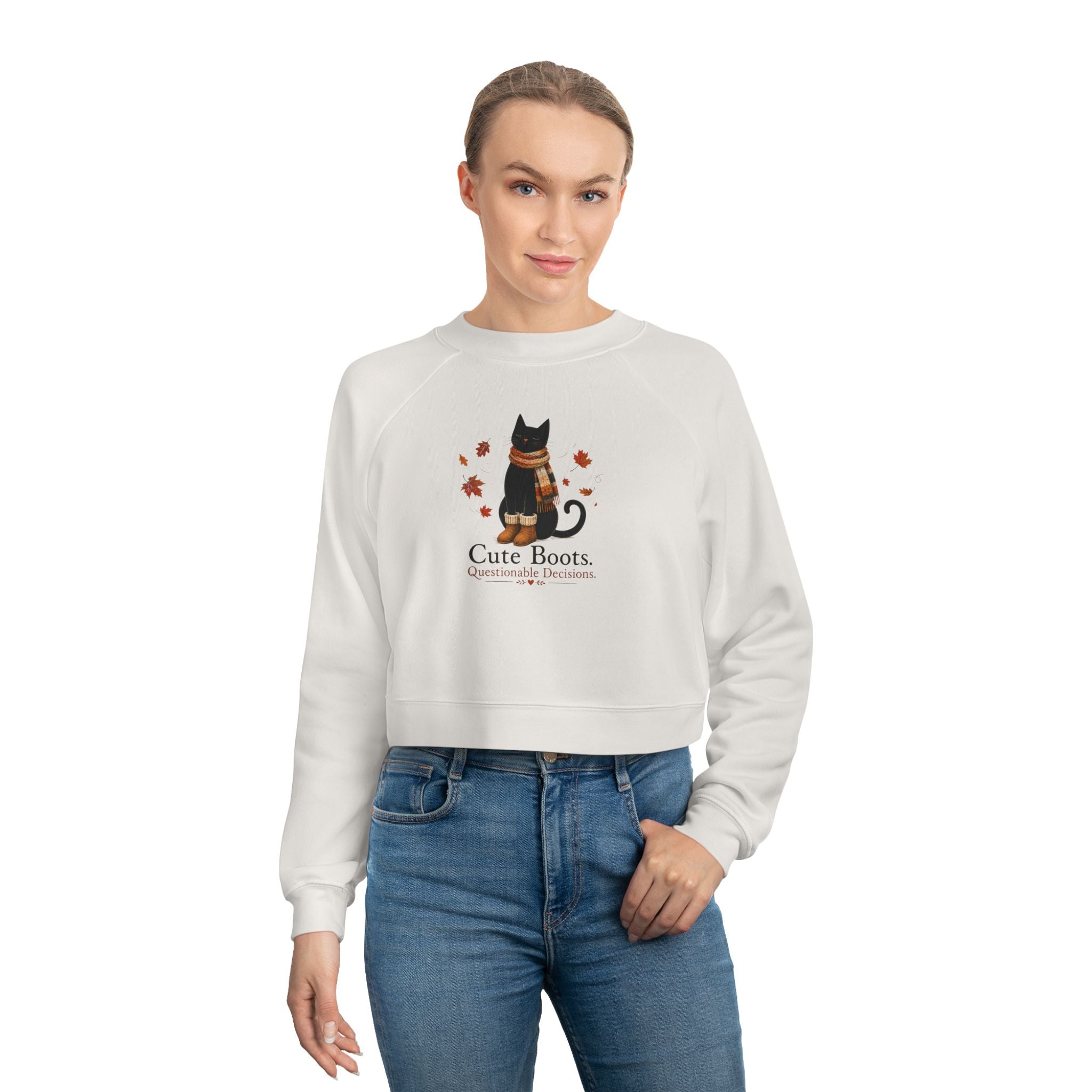 Cute Boots Questionable Decisions Cropped Sweatshirt | Funny Fall Cat Pullover