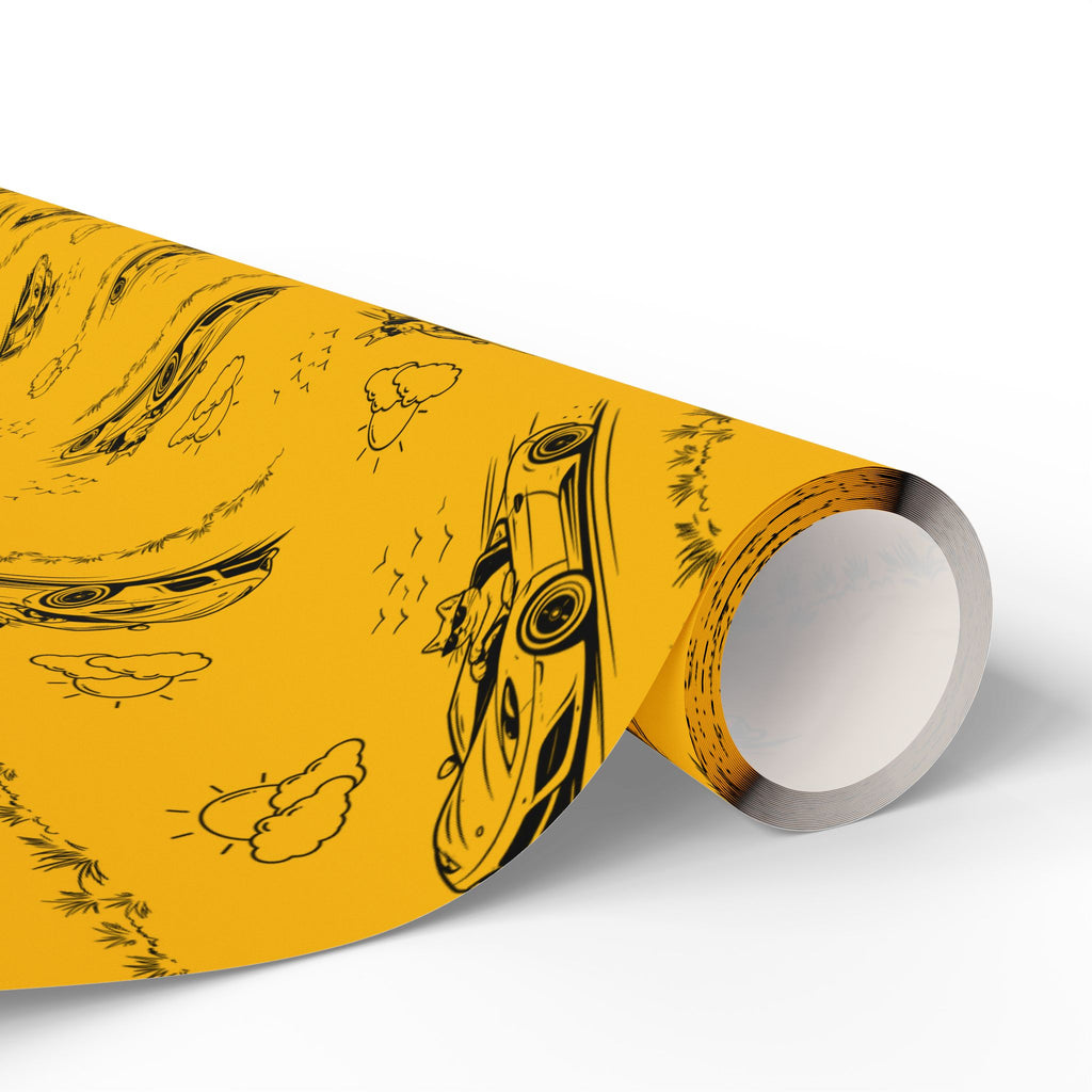 Zoomies Road Trip Cat Wrapping Paper – Golden Sketch Gift Wrap with Racing Cat Design