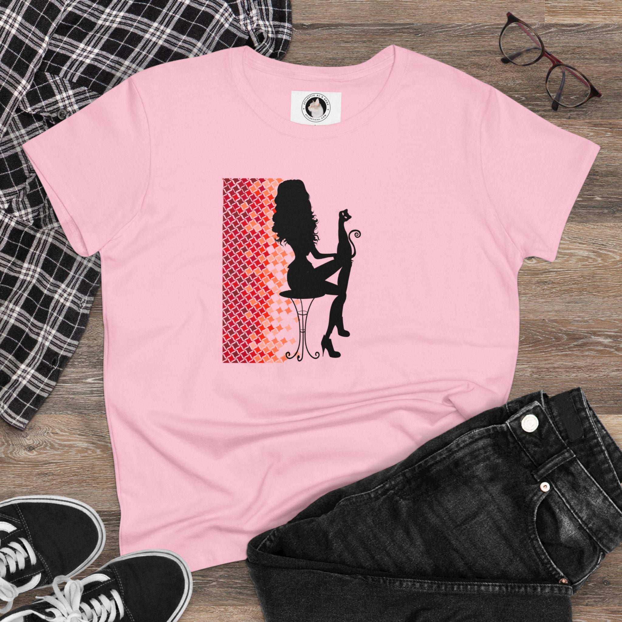 Photo depicting the ​Poised Cat Lady Women's Midweight Cotton Tee from EpiAl's Shop.