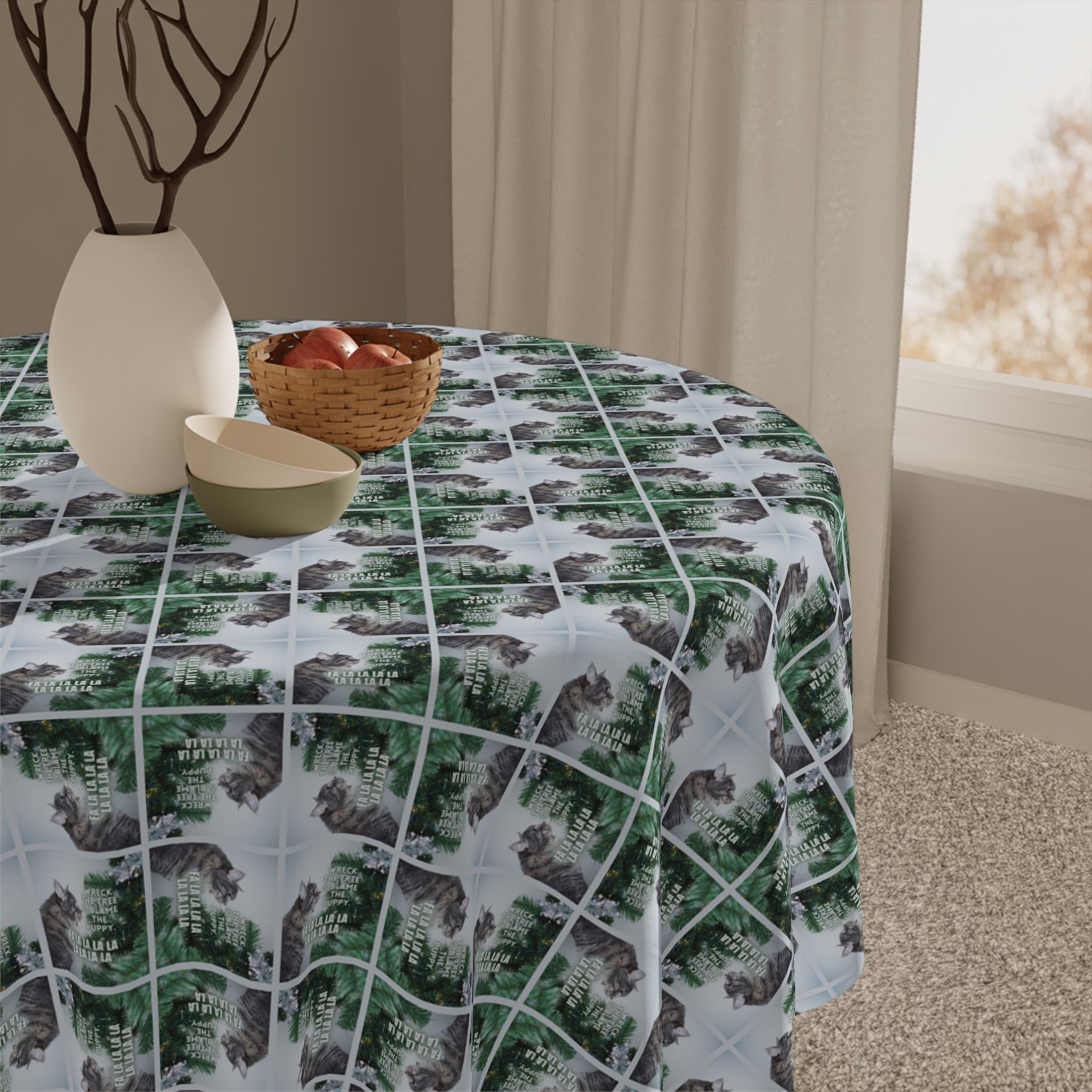Photo depicting the ​Wreck the Halls & Blame the Puppy Christmas Tablecloth from EpiAl's Shop.