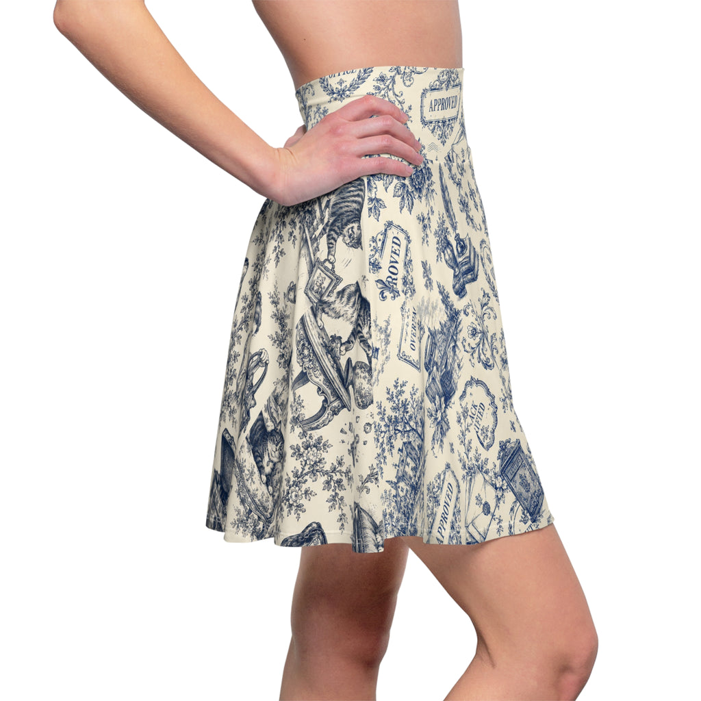 Vintage Office Toile Skater Skirt – Blue and Ivory High-Waisted Flared Skirt