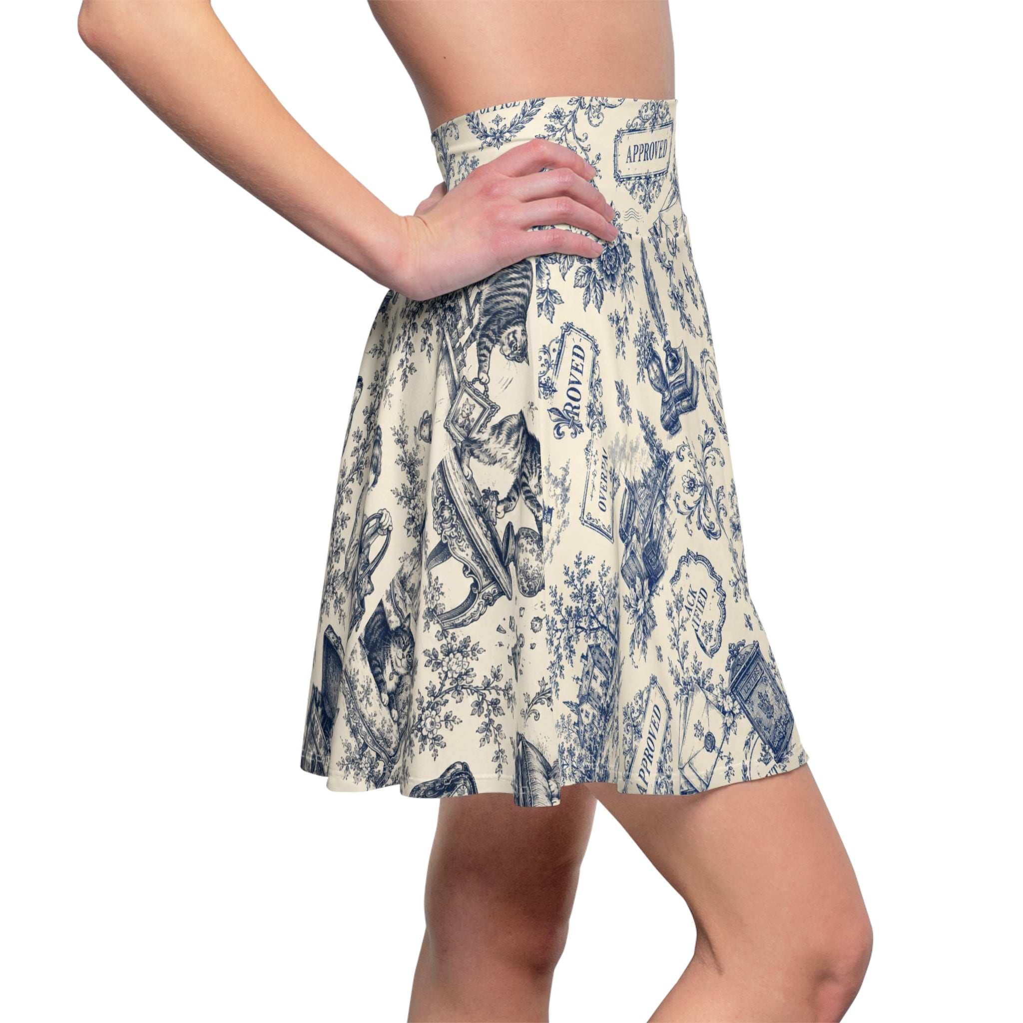 Vintage Office Toile Skater Skirt – Blue and Ivory High-Waisted Flared Skirt