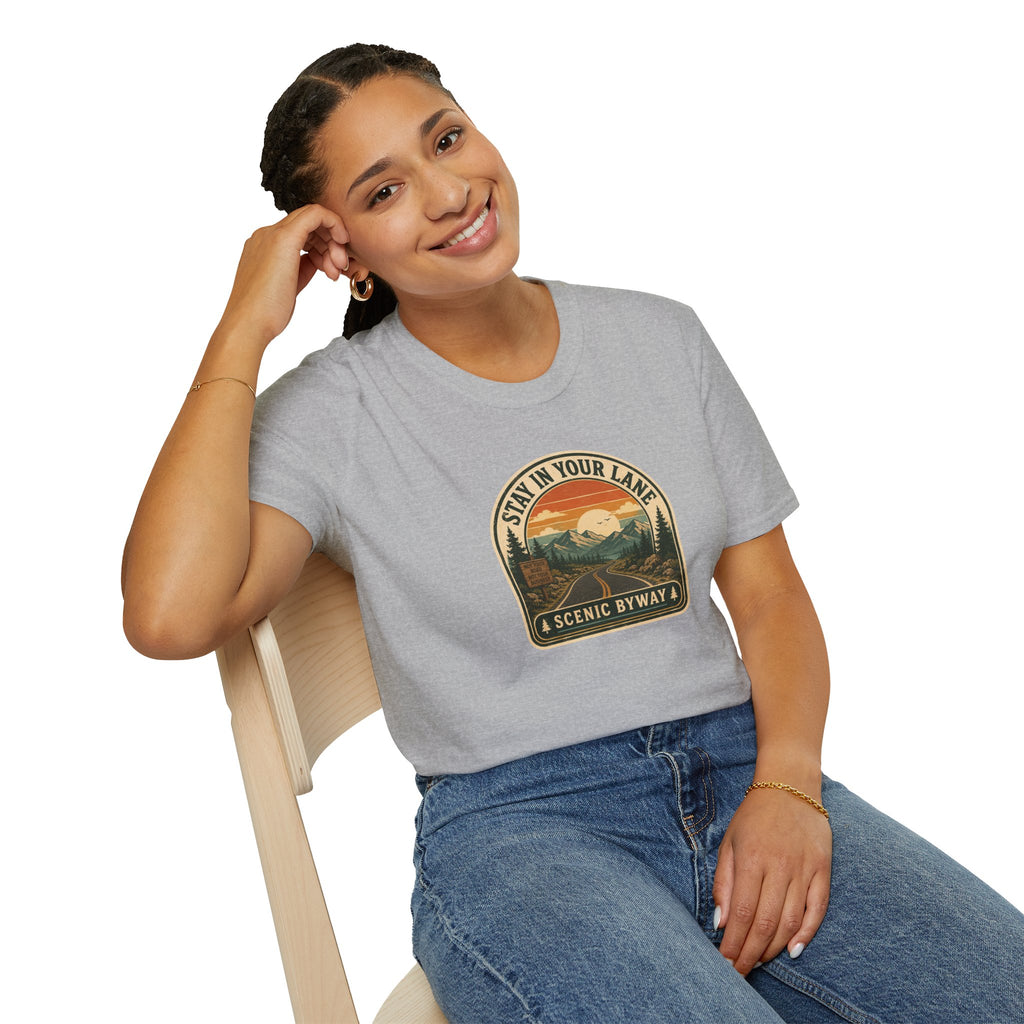 Stay in Your Lane Scenic Byway Unisex T-Shirt | Retro Road Trip Graphic Tee
