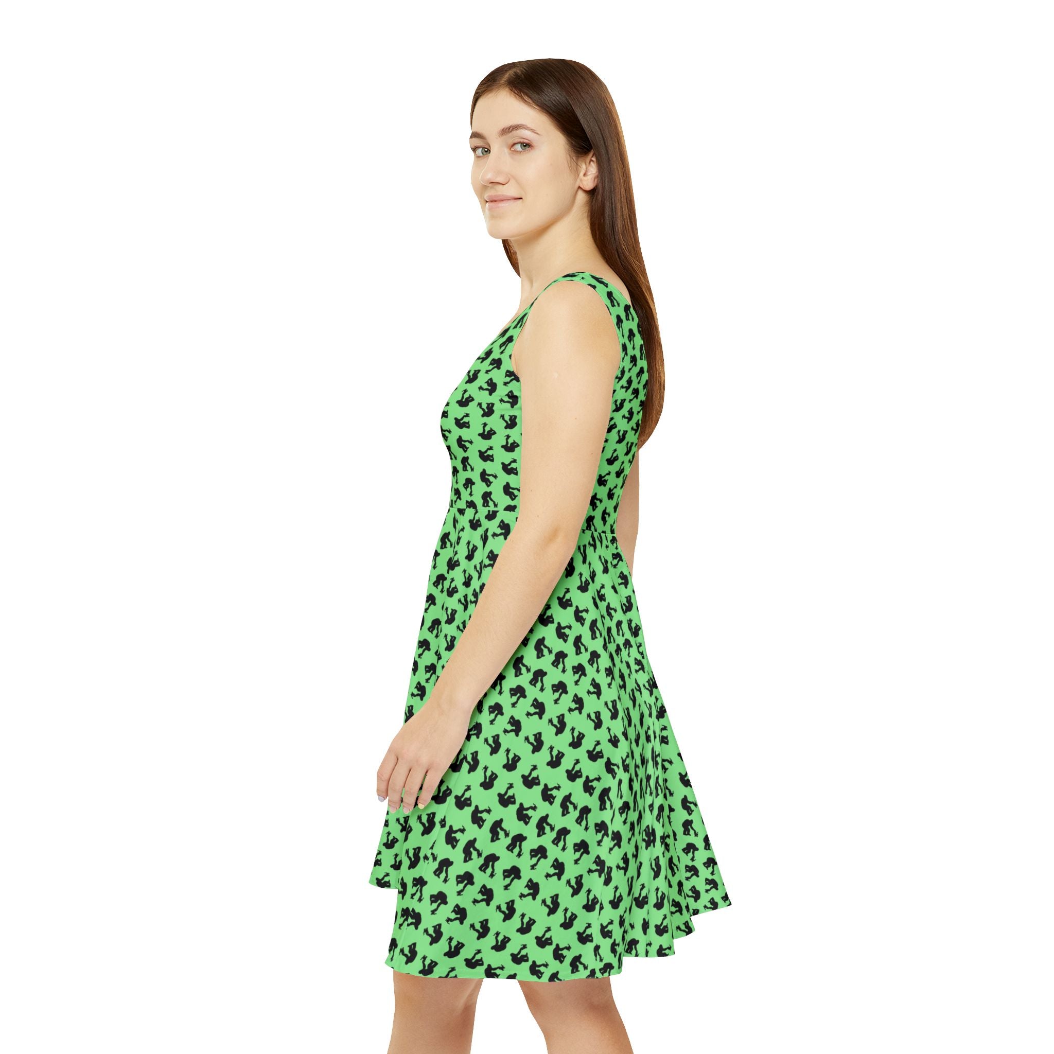 Sasquatch & Kitty Skater Dress – Green Cryptid Cat Dress