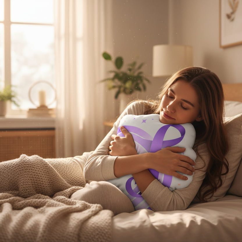 Purple Ribbon Rainbow Pillow — Soft Light, Steady Meaning