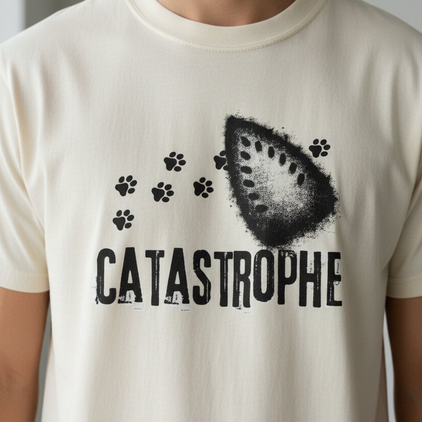 Catastrophe Iron Burn Graphic T-Shirt | Funny Cat Pun Shirt | Distressed Grunge Cat Tee