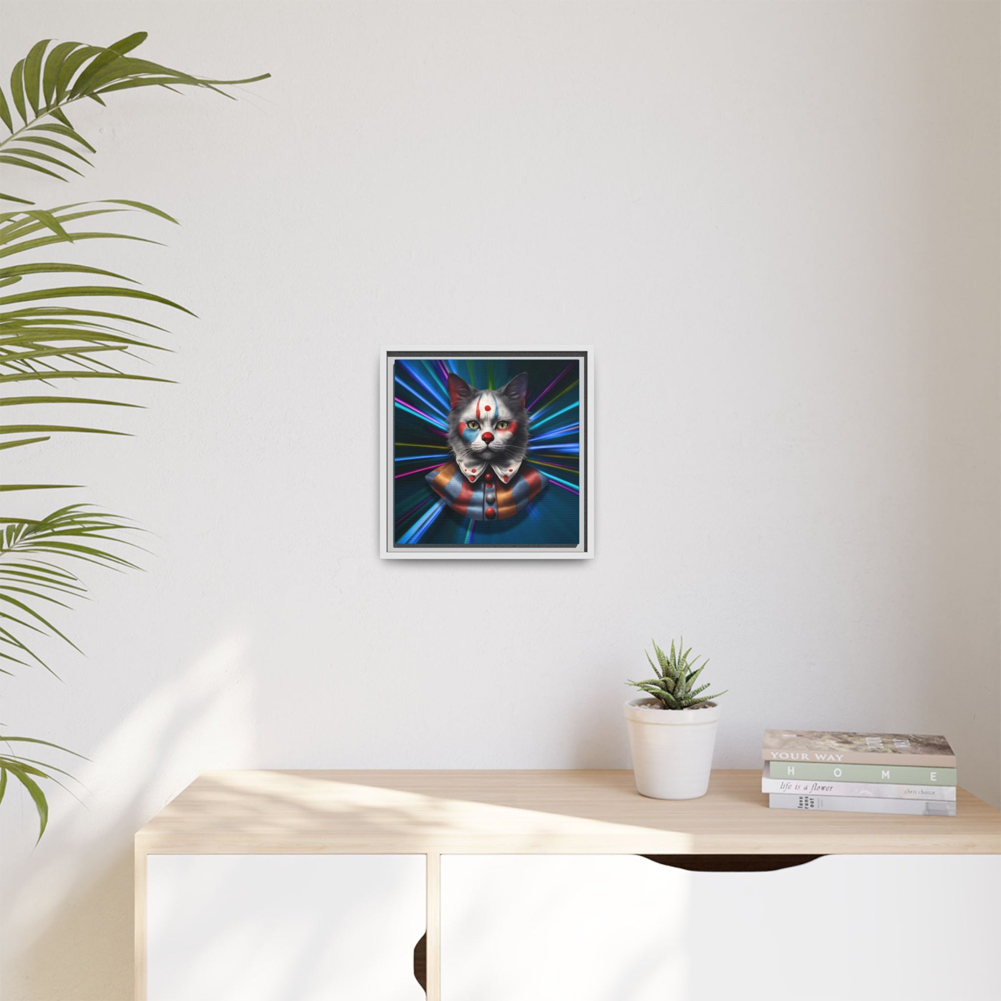 Colorful Cat Clown Framed Canvas Art – Quirky Home Decor for Pet Lovers