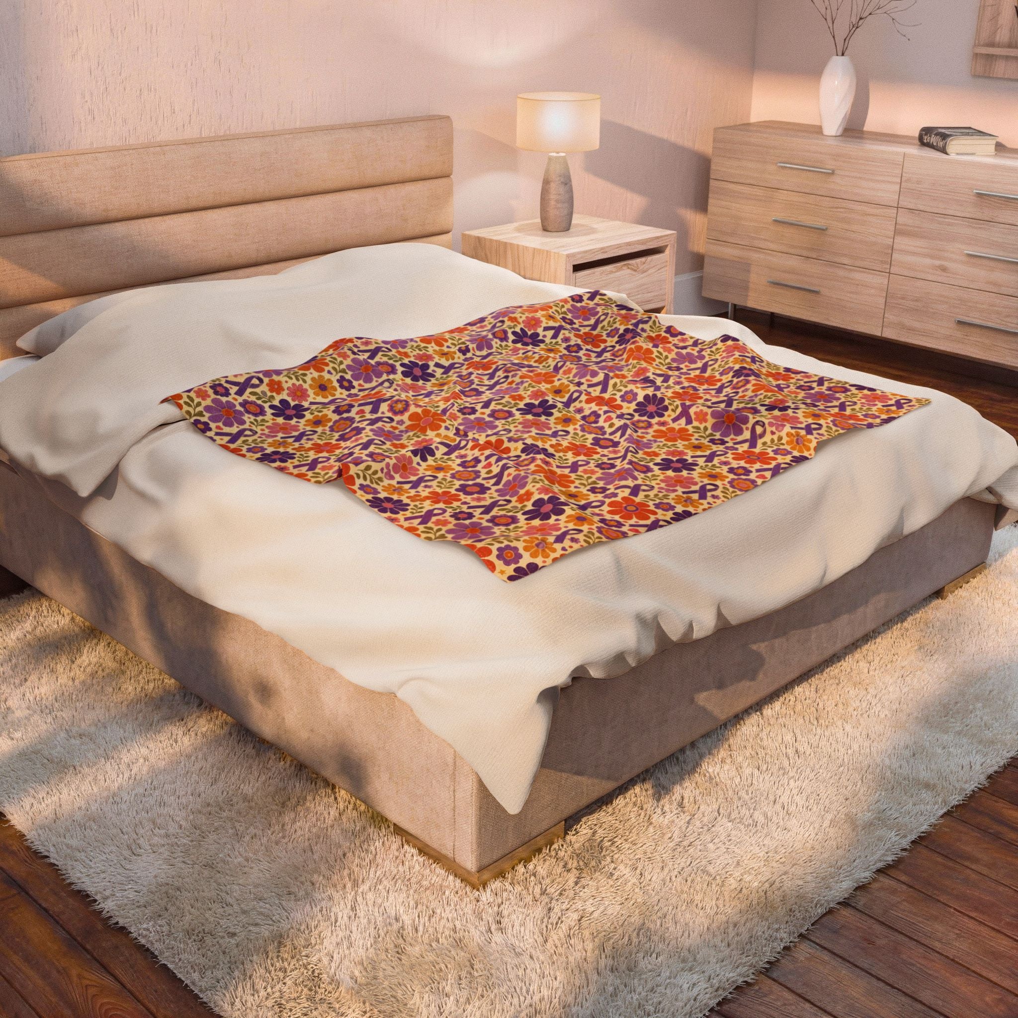Retro Floral Epilepsy Awareness Plush Blanket | Purple Ribbon Throw