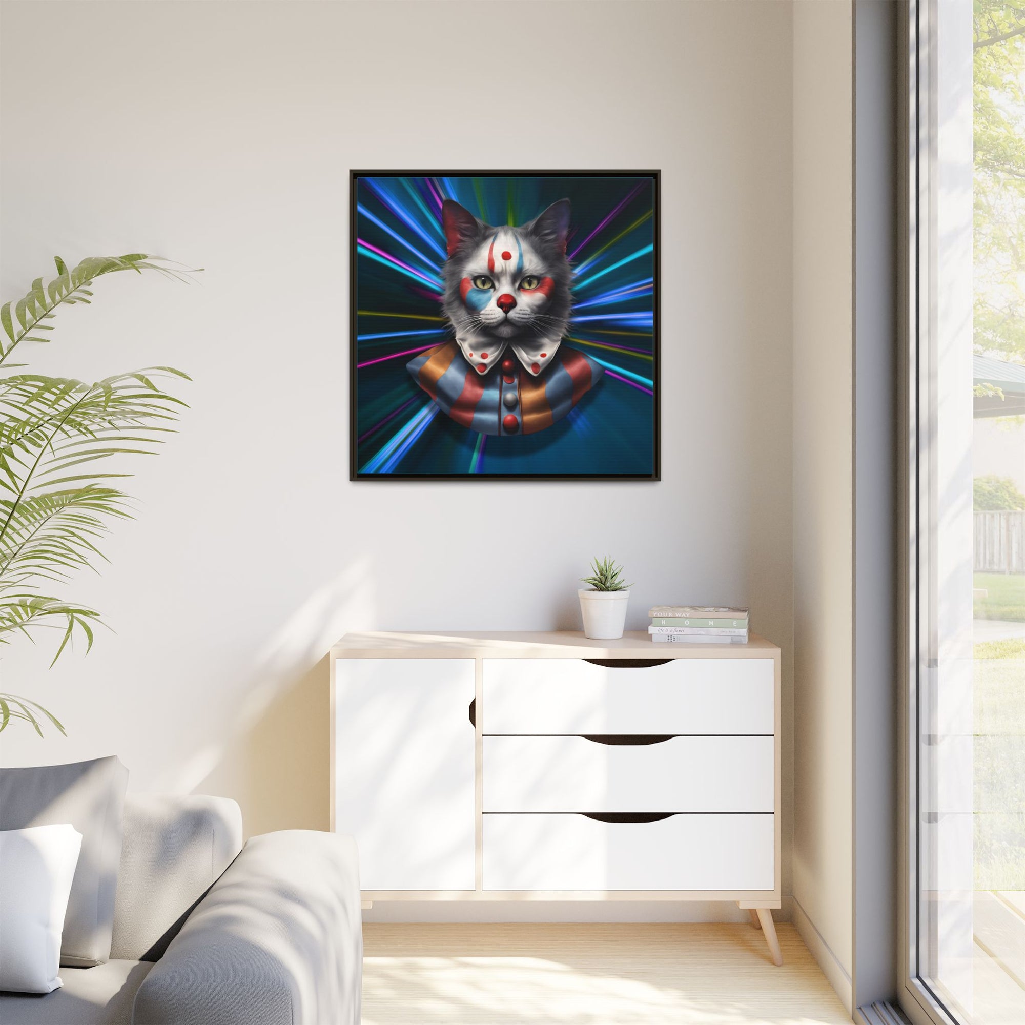 Colorful Cat Clown Framed Canvas Art – Quirky Home Decor for Pet Lovers