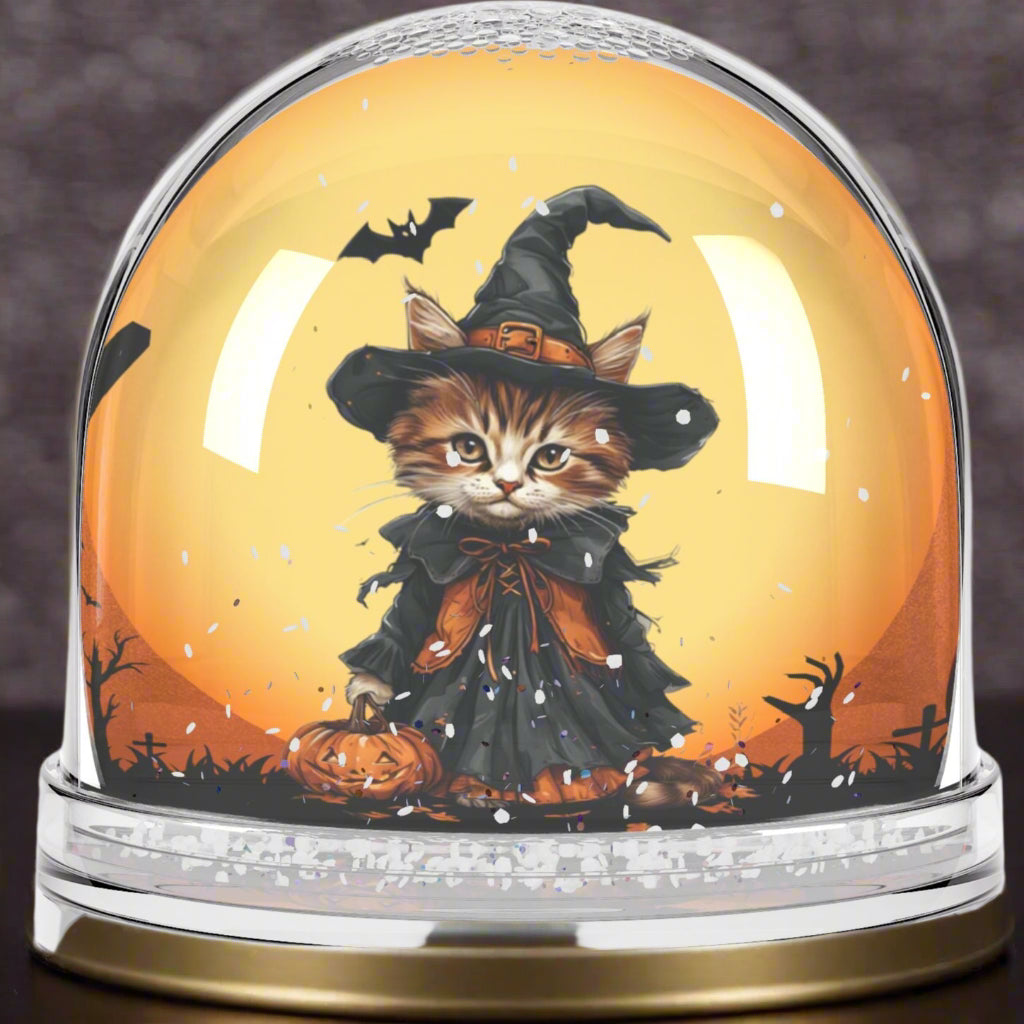 Halloween Cat Snow Globe with Witch Design