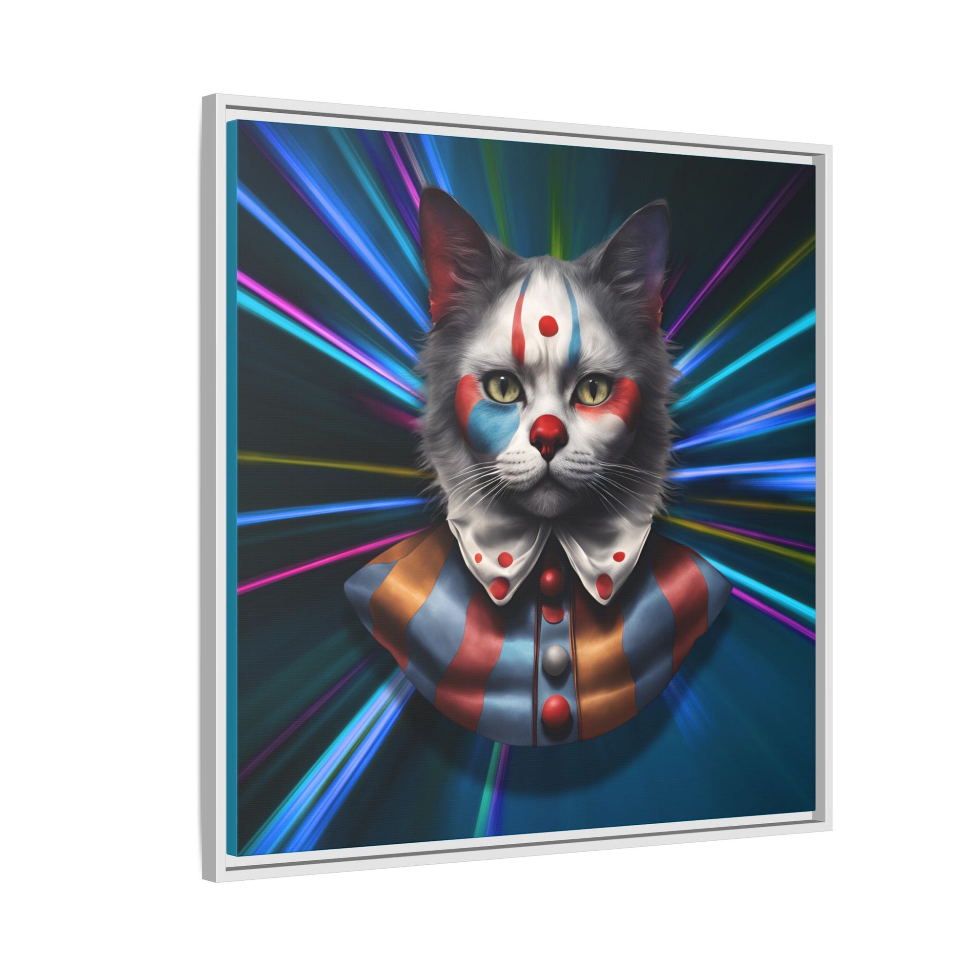Colorful Cat Clown Framed Canvas Art – Quirky Home Decor for Pet Lovers