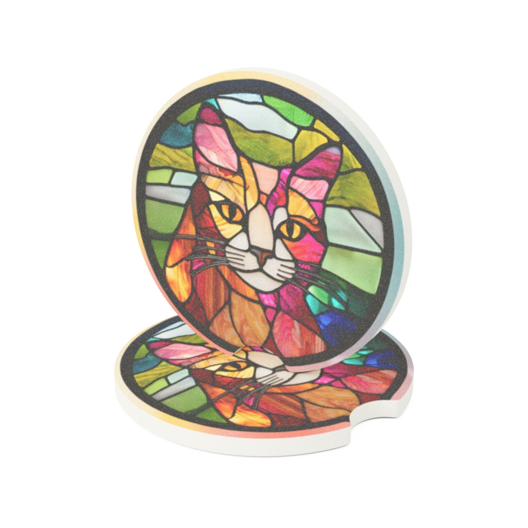 Colorful Stained Glass Cat Soapstone Car Coaster Printify